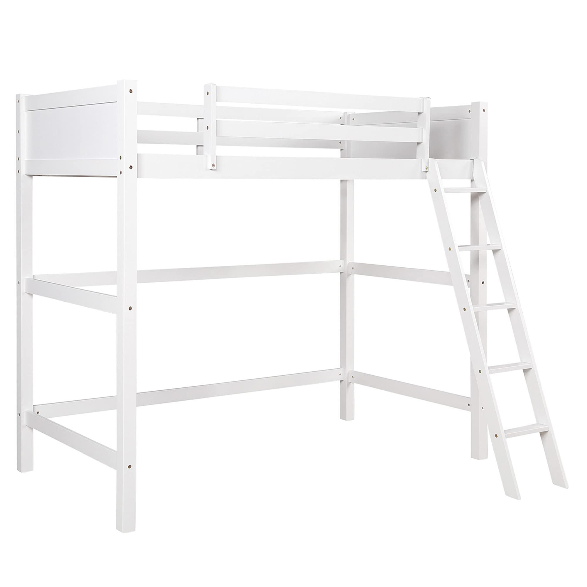 P PURLOVE Twin Loft Bed Frame - Sturdy Wooden Bunk Bed with Angled Ladder & Safety Rails, Space-Saving Kids Bedroom Furniture (White) - Perfect for Small Rooms, Dorms & Apartments