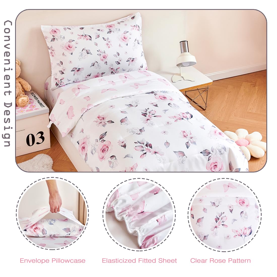 PERFEMET Floral Toddler Bedding 4-Piece Set - Pink Flower Girls Reversible Butterfly Comforter, Fitted Sheet, Flat Sheet & Pillowcase - Soft Nursery Crib Bedding for Baby & Toddler Rooms - Perfect for Girls' Bedrooms, Daycare & Gift Giving