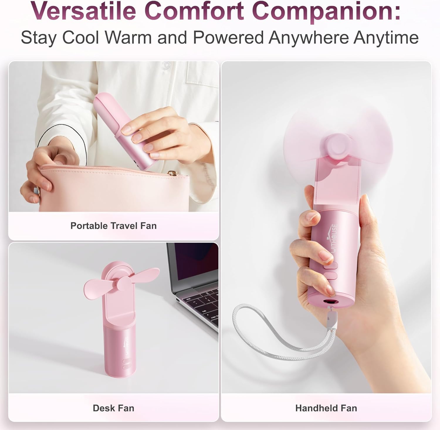Portable 4-in-1 Rechargeable USB Mini Fan - Handheld Personal Desk Fan with Power Bank, Hand Warmer & Flashlight for Travel, Camping, Office, Home & Outdoor Activities