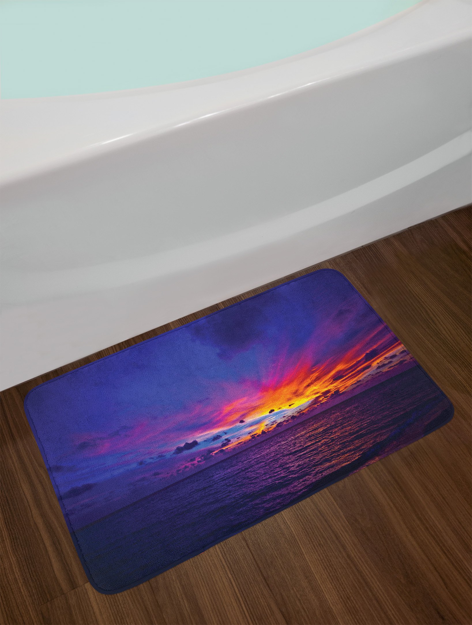 Ambesonne Non-Slip Plush Bath Mat - Ocean Sunset & Aurora Borealis Design, 30