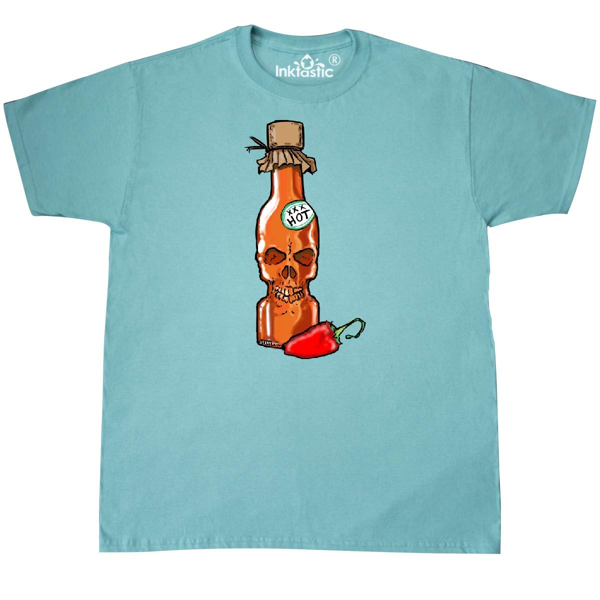 Inktastic Hot Sauce Skull Bottle with Pepper Graphic T-Shirt - Spicy Food Lover Tee for Men & Women - Perfect for Halloween, Concerts & Casual Wear