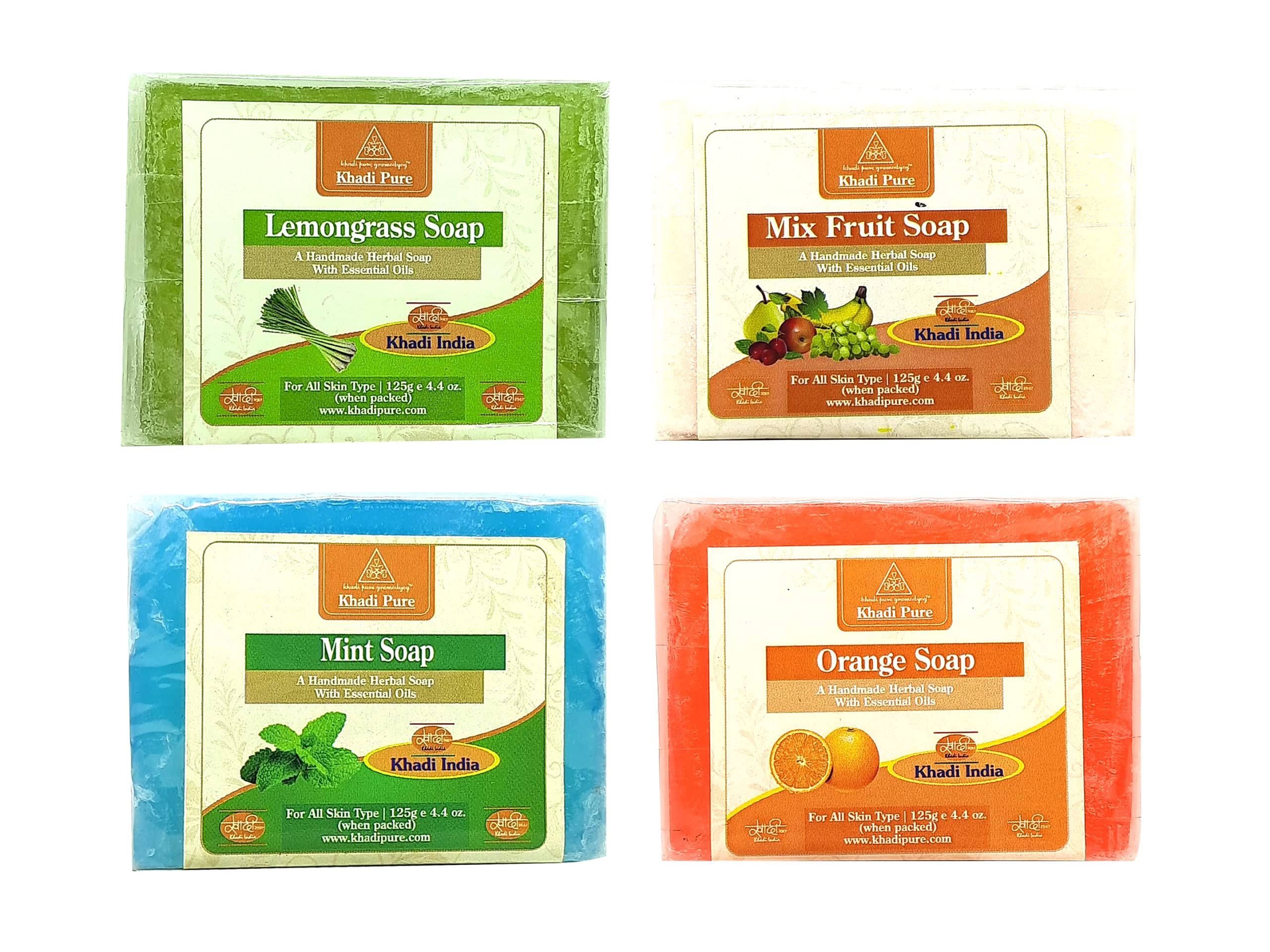 Khadi Pure Lemongrass, Mint, Mixed Fruit & Orange Soap Bar - 125g (Pack of 4) | Natural Ayurvedic Handmade Soap for Glowing Skin | Perfect for Daily Use, Gifts & Spa Days