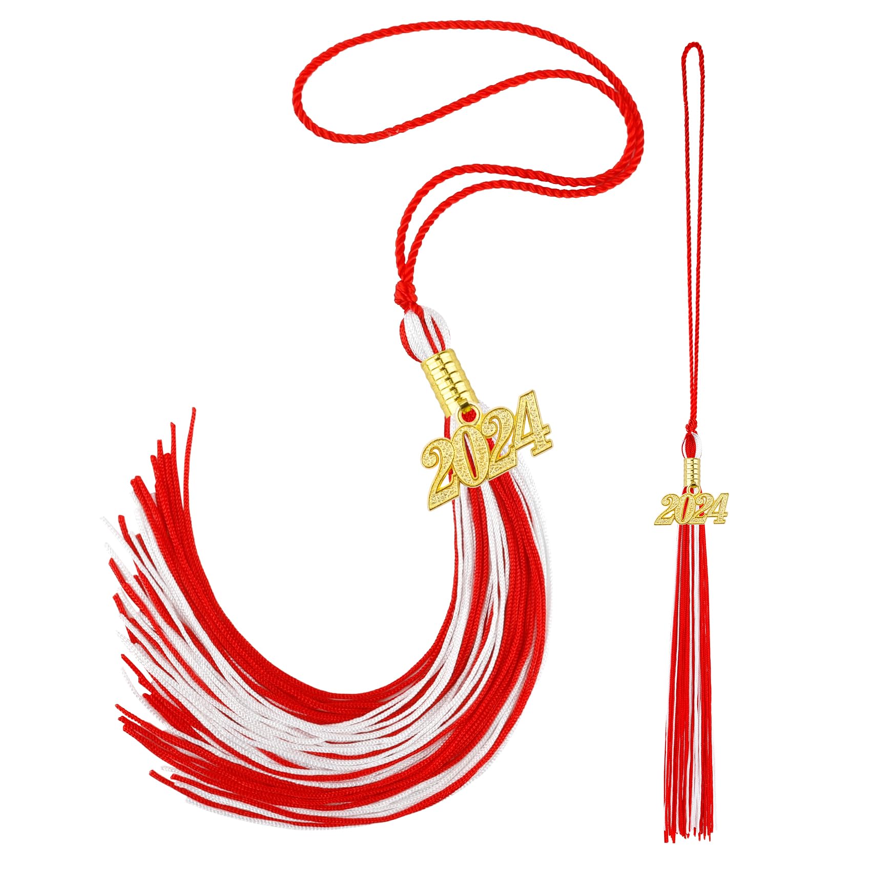 2024 Graduation Tassel Set - 2 Pack Red & White Tassels with Charms for High School & College Cap Decorations - Perfect for Commencement Ceremonies, Photo Shoots & Graduation Parties