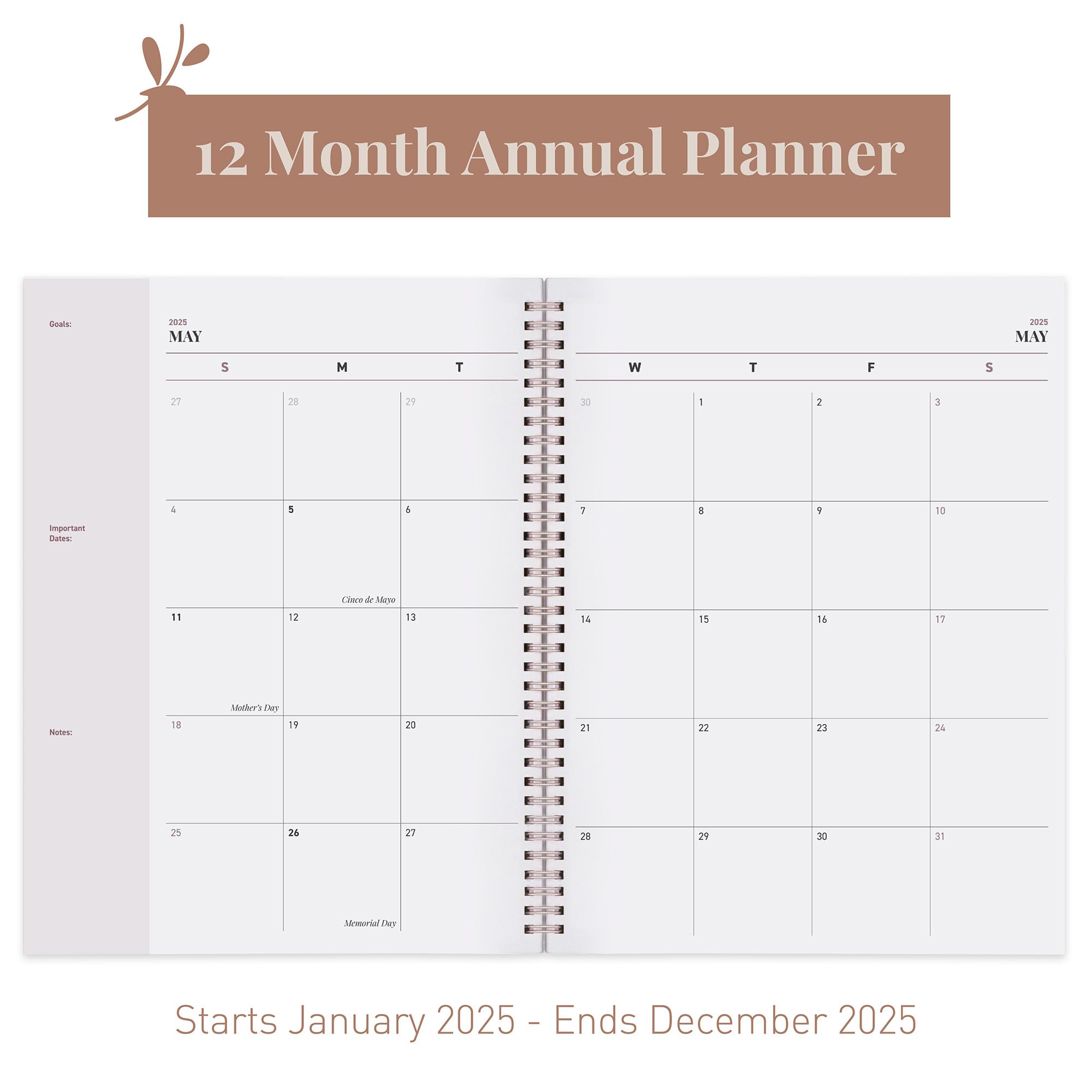 Rileys 2025 Weekly Planner - 8.5 x 11 Inch Pink Typographic Annual & Monthly Agenda Organizer with Flexible Cover, Notes Pages & Twin-Wire Binding - Perfect for Office, School & Personal Productivity Planning
