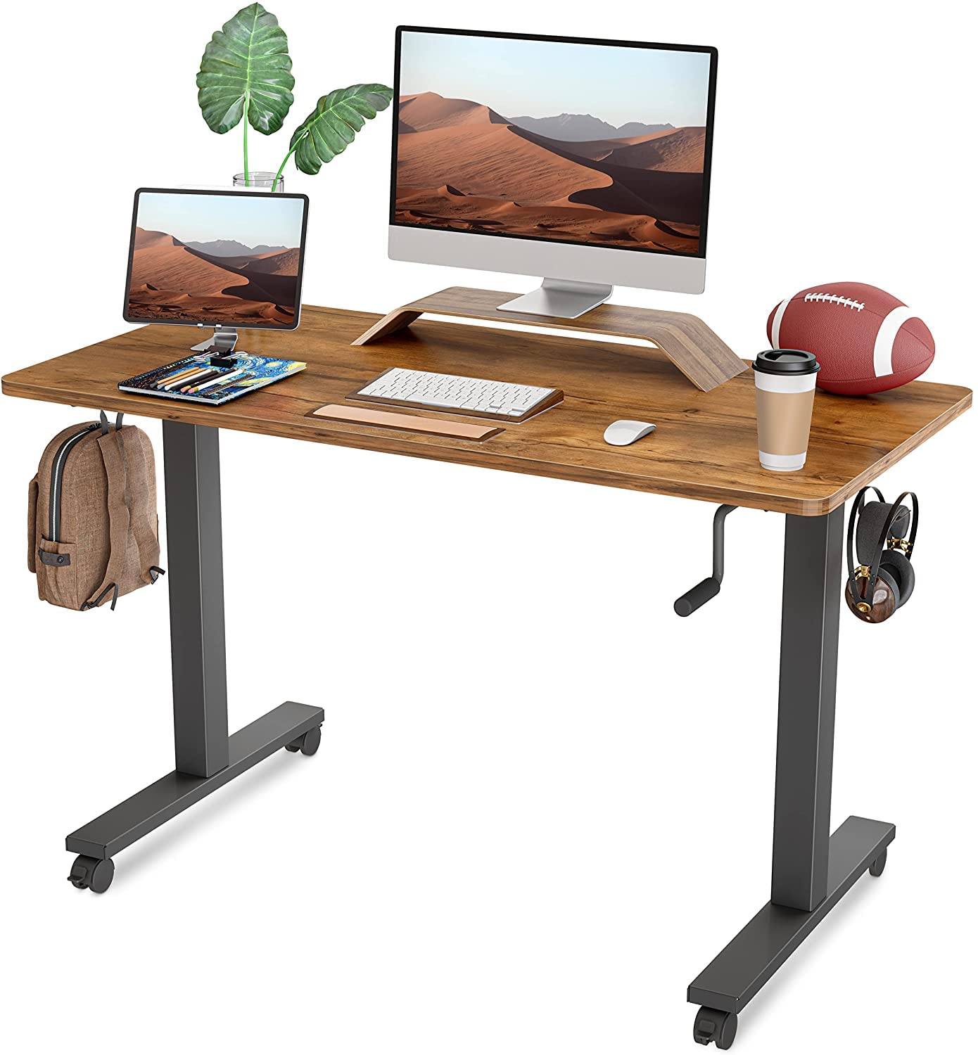 FEZIBO 48 x 24 Inches Manual Adjustable Height Standing Desk - Crank Handle Sit Stand Workstation with Walnut Top & Black Frame for Home Office, Gaming & Study (Ergonomic Workspace Solution)