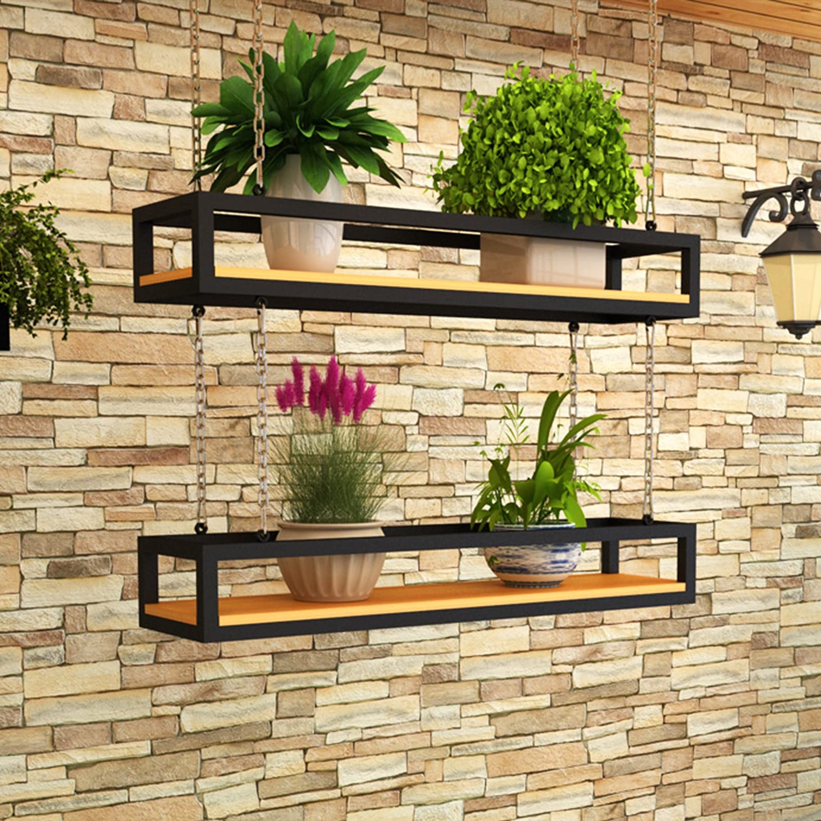 Modern Black Iron Chain & Wood Ceiling Hanging Kitchen Organizer - 1 Tier Wine Glass Rack, Pot Pan Holder, Flower Stand - Space-Saving Storage Solution for Kitchen, Dining Room & Living Room Decor