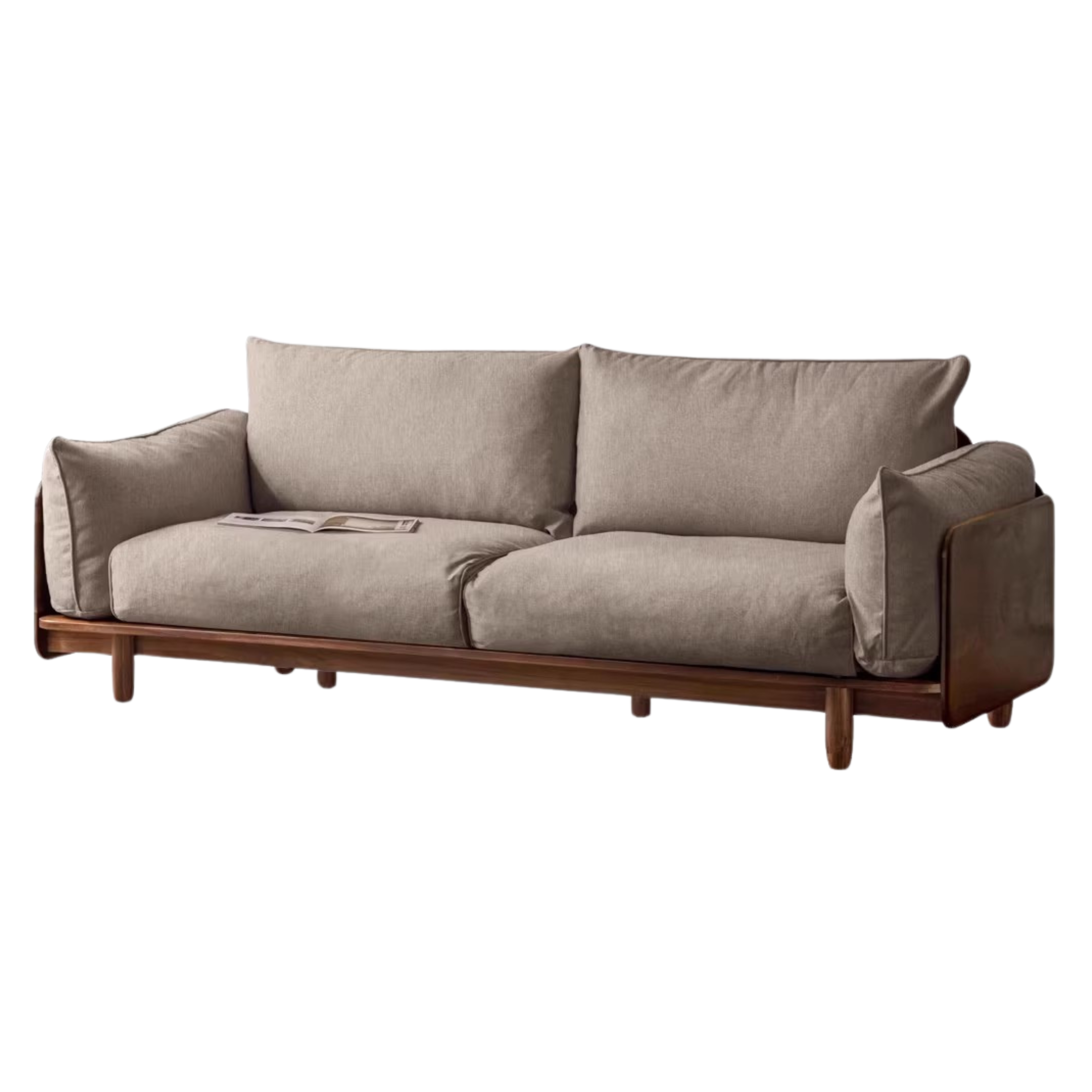 86x35.4x31.9 inch / 219x90.5x81cm / Rich dark walnut color/ fabric three-seater