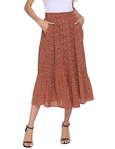 Parabler Women's High Waist Polka Dot Floral Midi Skirt - A-Line Swing Skirt with Pockets for Casual Wear, Office Outfits & Summer Dresses