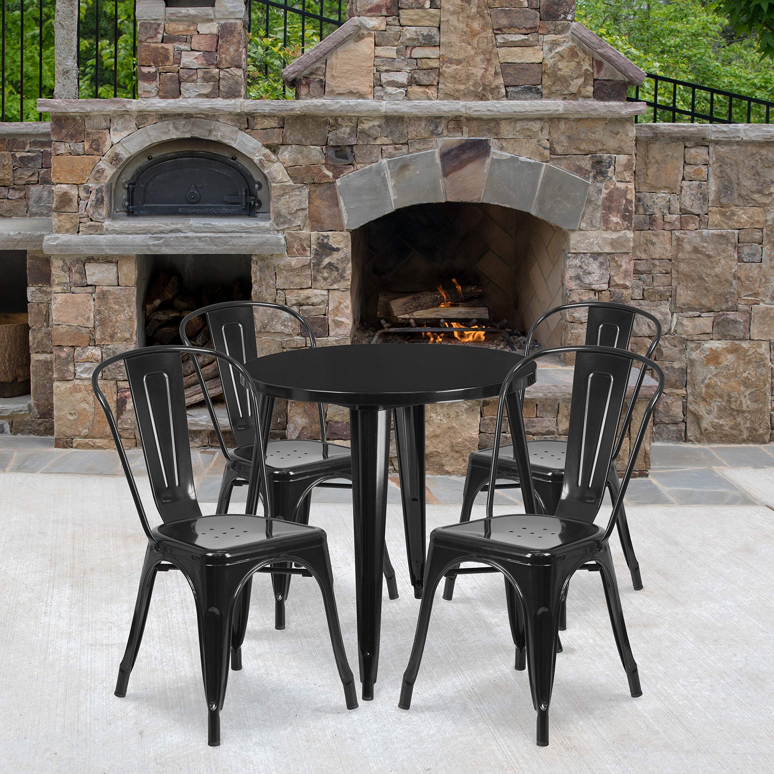 EMMA + OLIVER 30 Inch Round Black Metal Dining Table Set with 4 Cafe Chairs - Indoor Outdoor Bistro Set for Patio, Garden, Restaurant & Coffee Shop