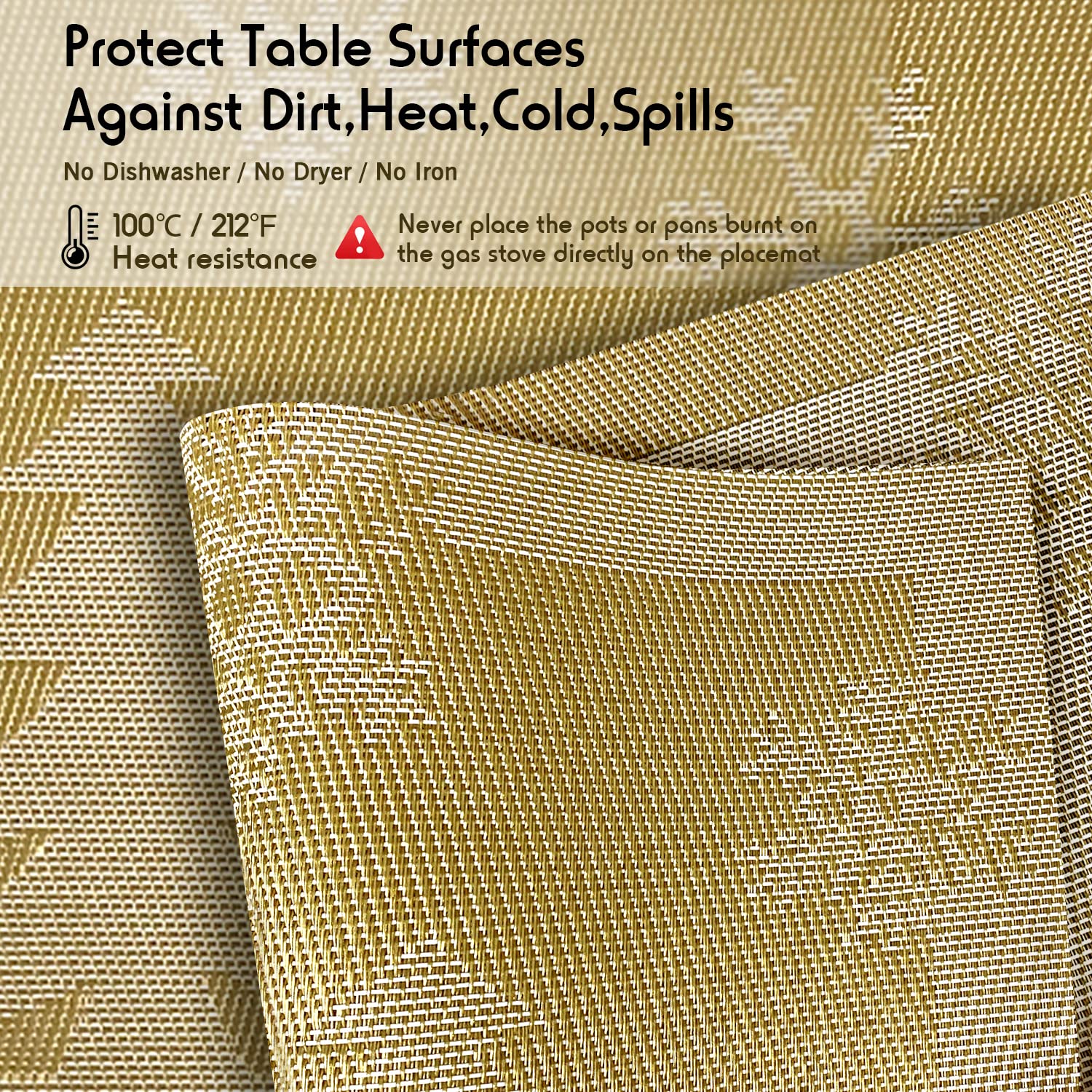 6-Piece Christmas Reindeer & Gold Woven Vinyl Non-Slip Placemats Set - Washable, Anti-Skid Table Mats for Kitchen Dining, Holiday Decor & Festive Gatherings