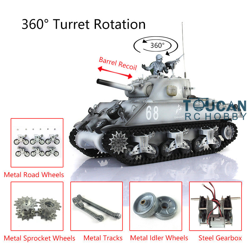 1/16 Henglong M4A3 Sherman RC Tank - 7.0 Customized Remote Control Military Vehicle with Barrel Recoil, 360° Rotating Turret & Metal Road Wheels - Perfect for Collectors, Battle Simulation & Outdoor Play