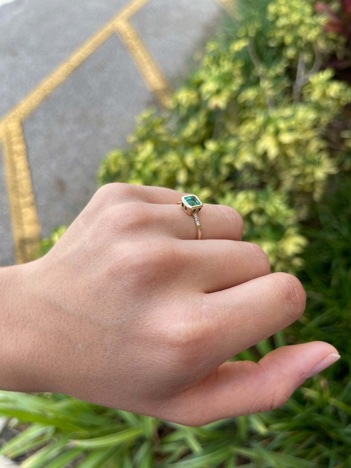 1.08tcw Emerald Bezel Asscher Pave Diamond Statement Ring 14K Gold - Elegant Jewelry for Weddings, Anniversaries & Special Occasions