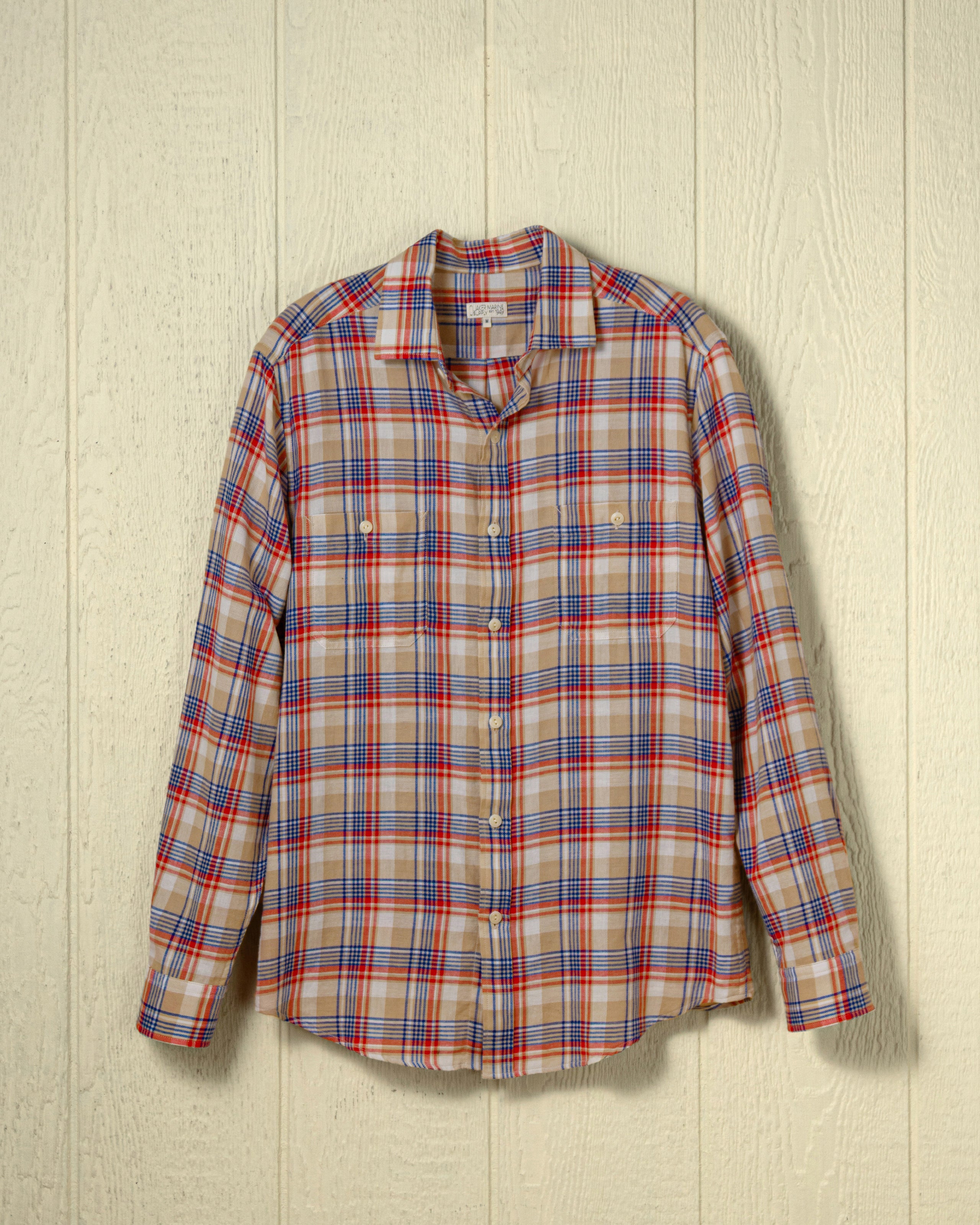 Premium Coastal Cotton Twill Shirt - Khaki & Denim Plaid Pattern | Casual Button-Up Shirt for Men | Perfect for Beach Outings, Summer Travel & Outdoor Adventures