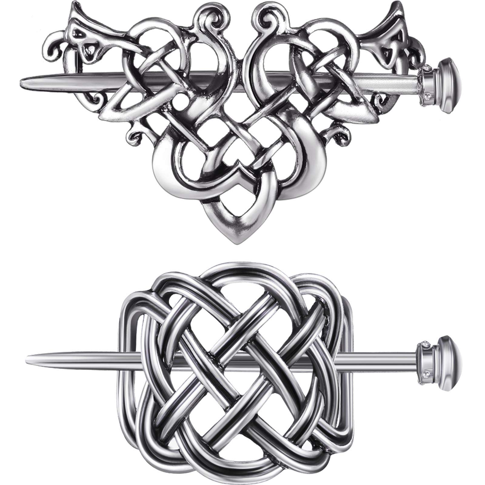 Viking Celtic Hair Clips - 2 Pack Silver Hairpins with Intricate Knot Design, Medieval Hair Accessories for Women | Perfect for Cosplay, Renaissance Fairs & Boho Hairstyles