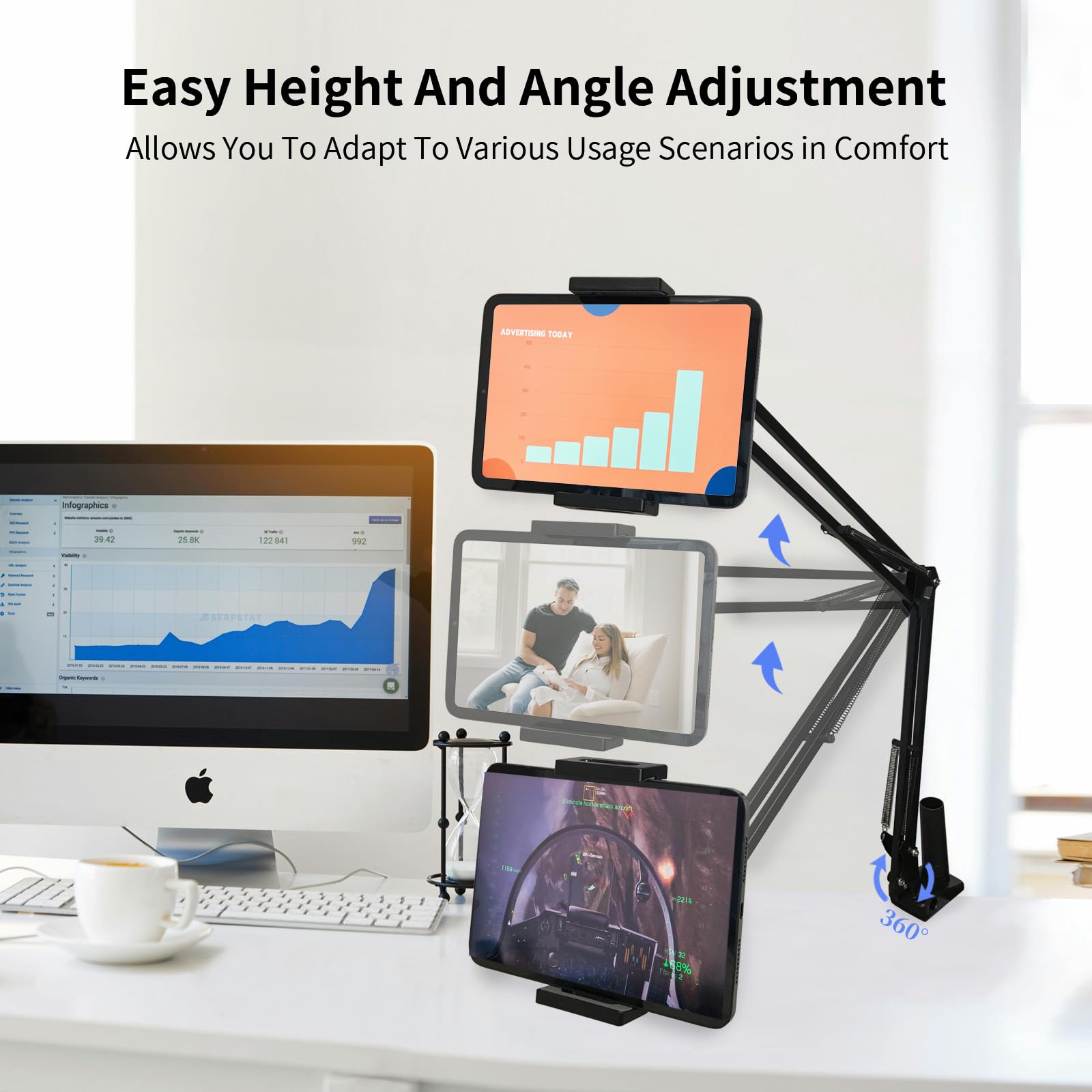 Flexible Tablet Stand Holder for Bed - Adjustable Arm Mount for Kindle, iPad Mini, iPhone, Nintendo Switch & 4.5-12.9