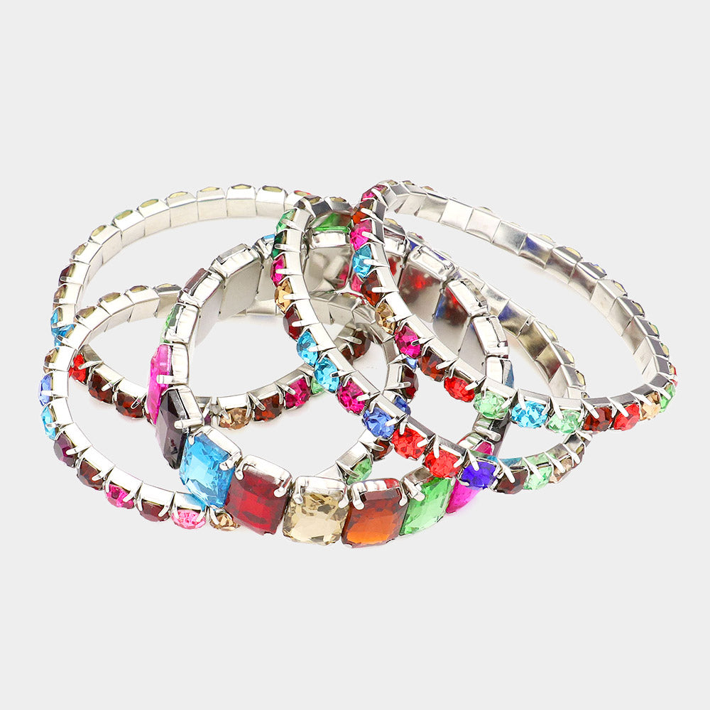 5-Piece Multi-Color Stone Stretch Multi-Layered Pageant Bracelets Set - Elegant Prom Jewelry for Women - Perfect for Pageants, Proms, Weddings & Special Occasions