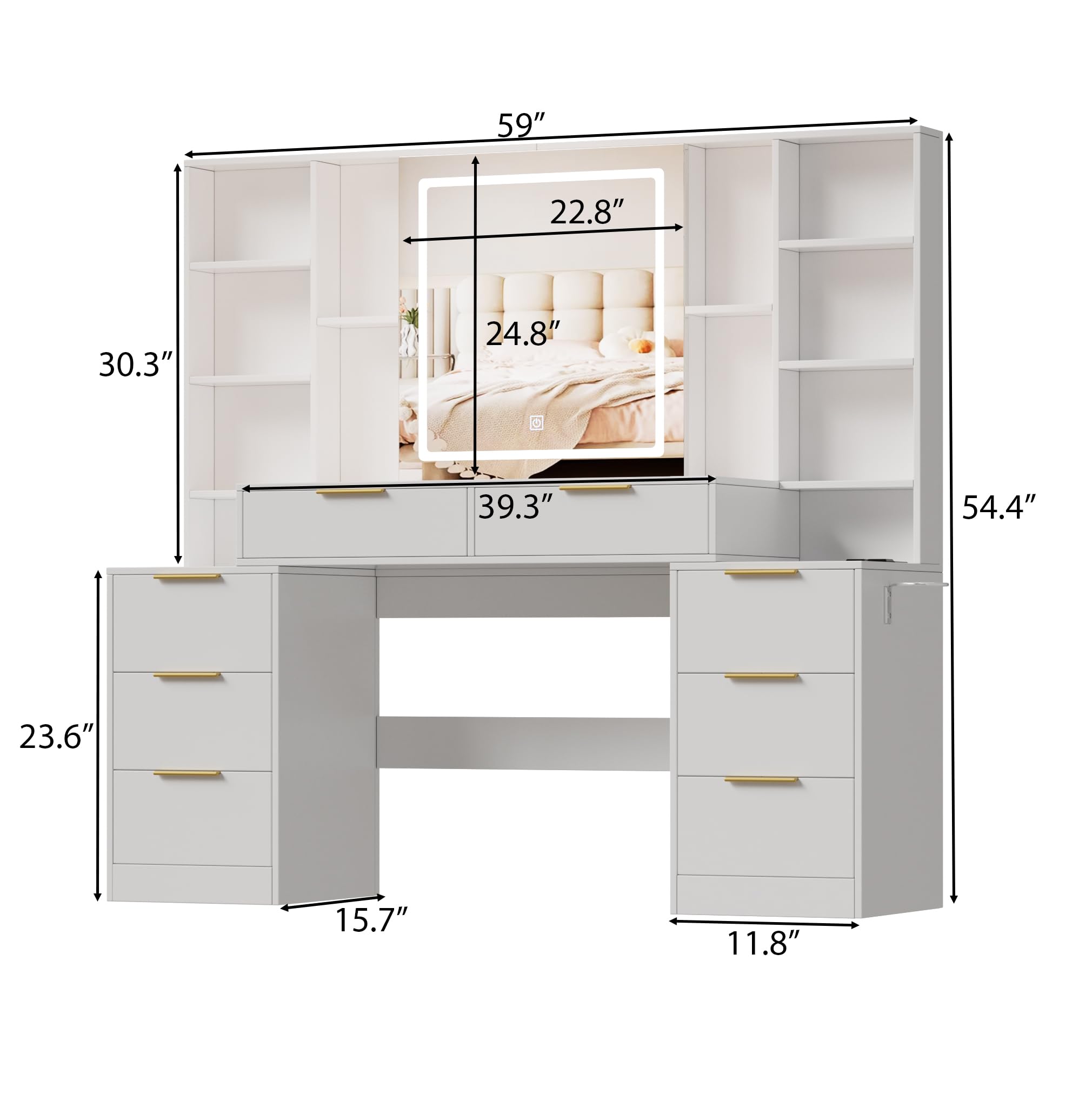 Large Makeup Vanity Desk with LED Lighted Mirror & Power Outlet, Brightness Adjustable Dresser Table with 3 Lighting Modes, 5 Drawers & Shelves, Hair Dryer Stand for Bedroom, White (No Stool) - Perfect for Home Salon, Bridal Dressing & Beauty Routine