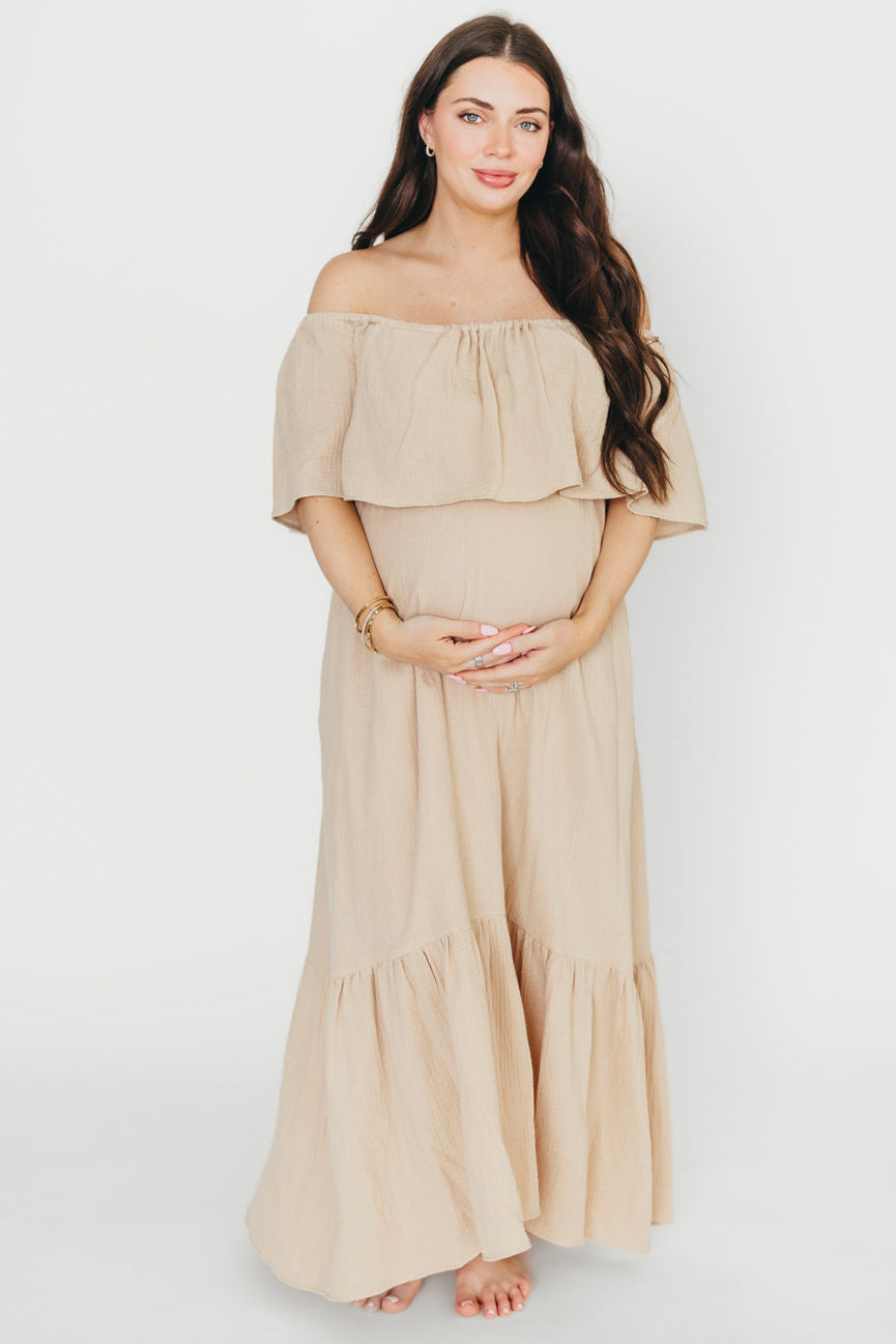 Josie 100% Cotton Maxi Dress in Beige - Bump & Nursing Friendly Maternity Dress for Pregnancy & Breastfeeding | Perfect for Casual Outings, Baby Showers & Nursing Comfort