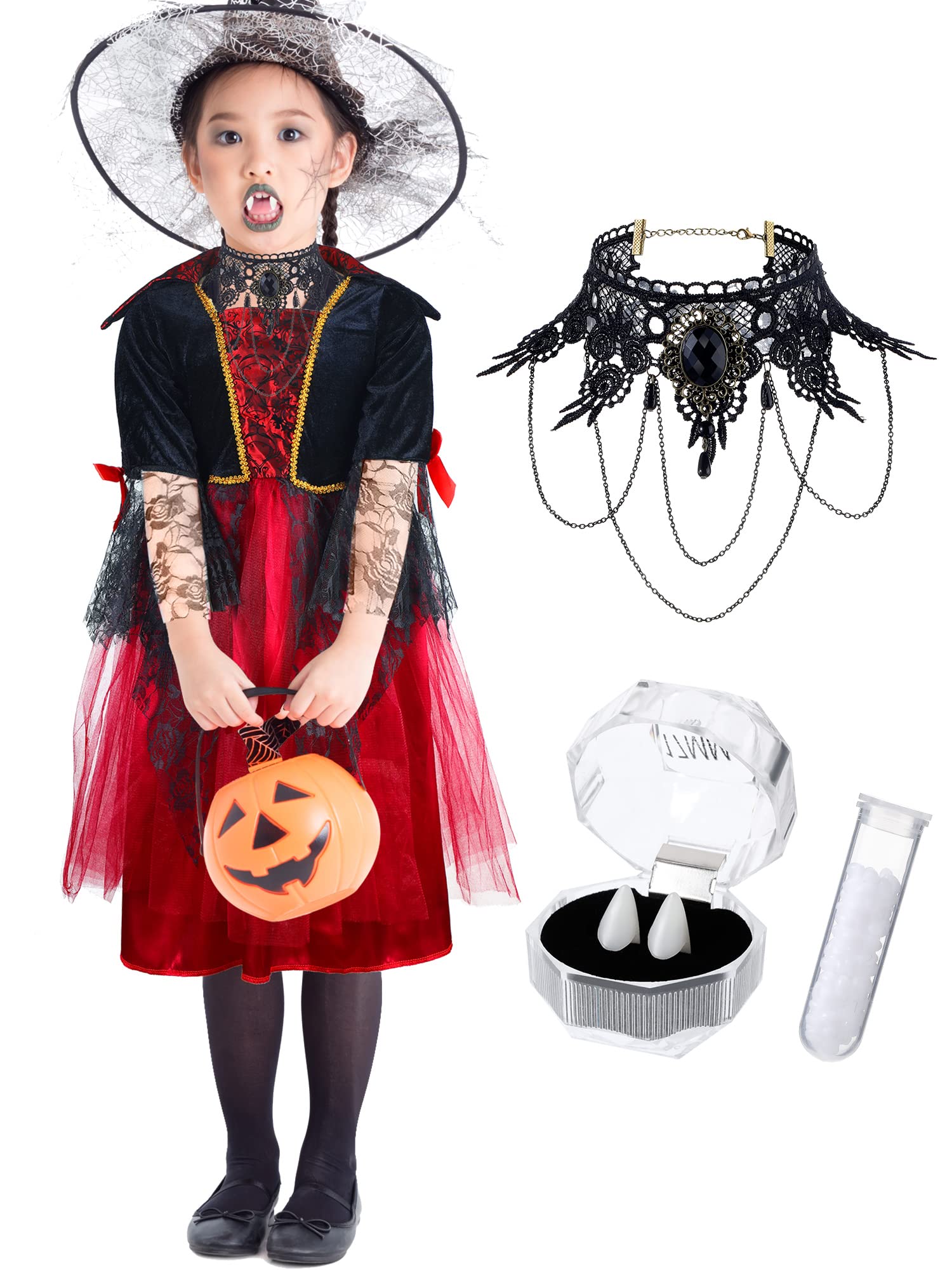 Girl's Vampire Costume - Elegant Royal Gothic Dress with Punk Style Necklace & Fake Fangs for Halloween Parties, Cosplay, and Themed Events