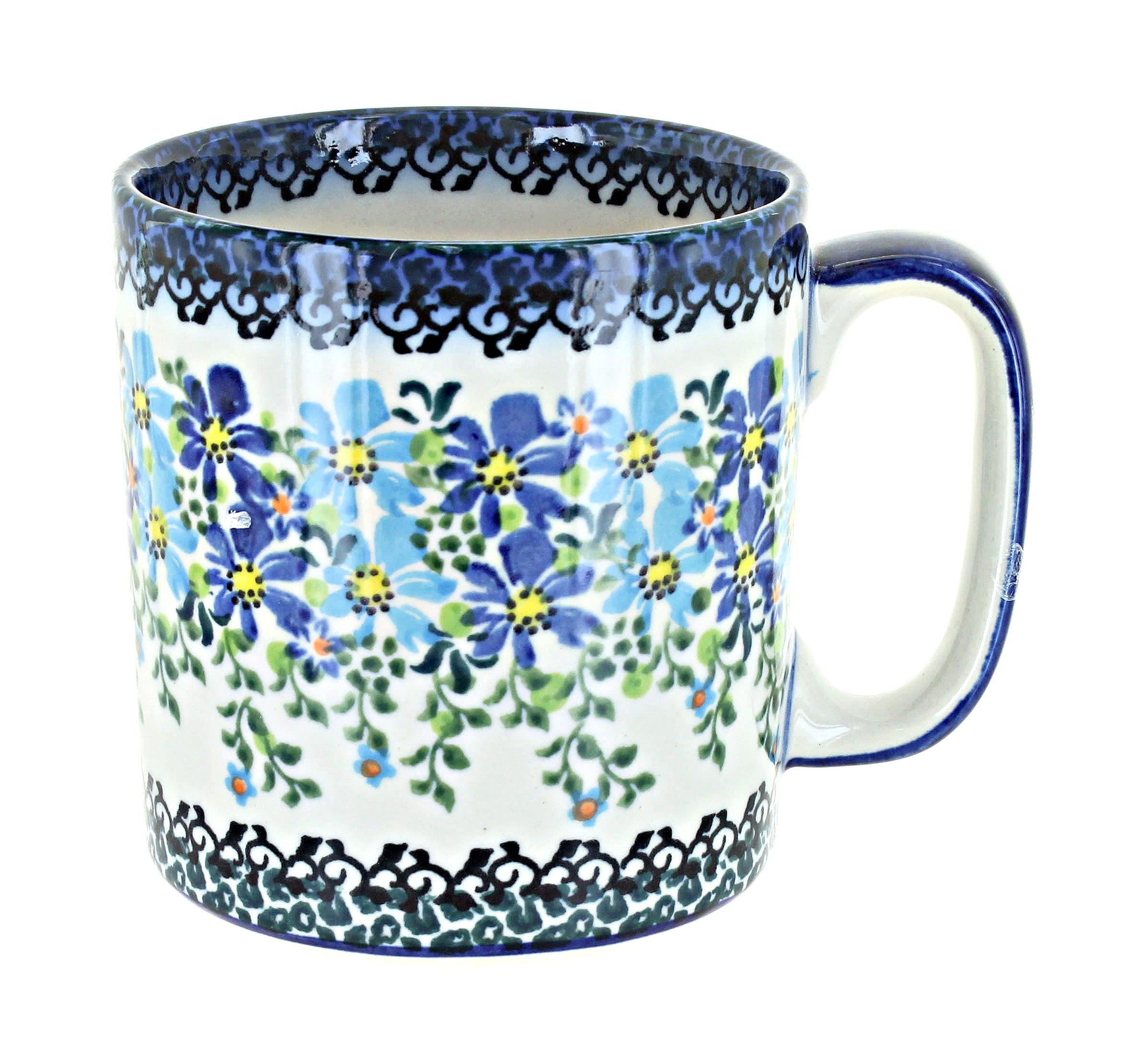 Handmade Blue Rose Polish Pottery Coffee Mug - Blue Aster Design Ceramic Cup for Tea & Espresso - Perfect for Home, Office & Gift Giving