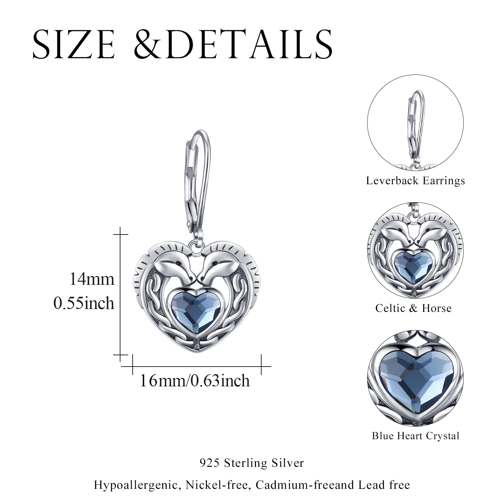 Celtic Horse Earrings Sterling Silver - Blue Crystal Heart Dangle Earrings with Celtic Knot Leverback, Irish Horse Jewelry for Women, Perfect Gift for Graduation, Birthday & Special Occasions