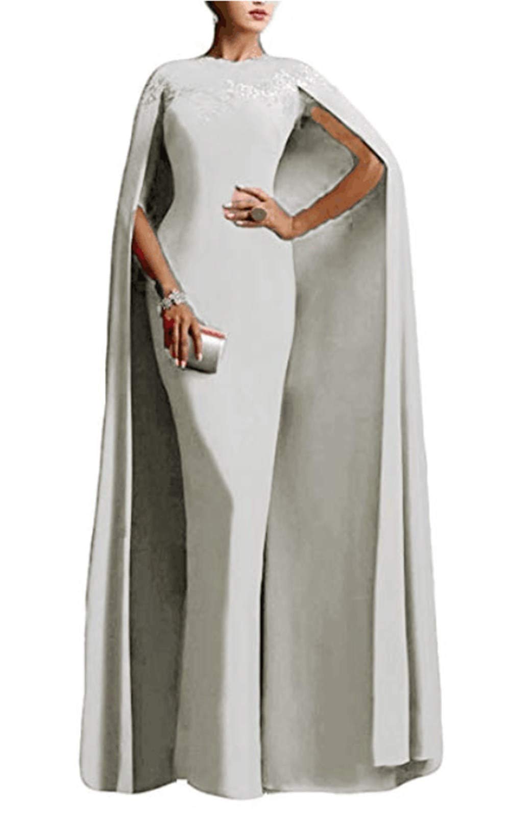 Emanni Women's Elegant Mermaid Long Formal Gown with Detachable Cape - Silver Prom Evening Dress for Special Occasions, Weddings & Gala Events