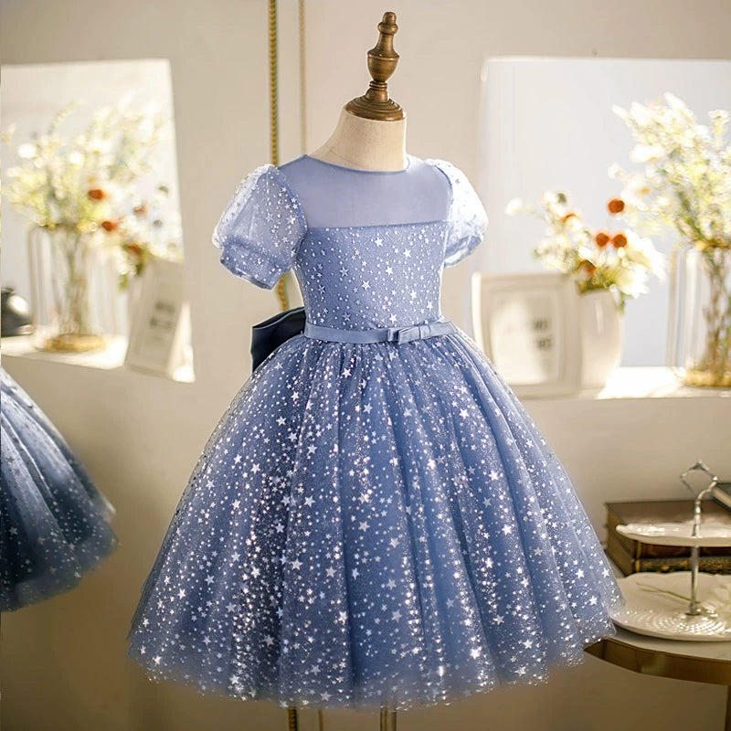 Blue Princess Round Tulle Flower Girl Dress - Elegant Baptism, First Communion & Wedding Party Attire