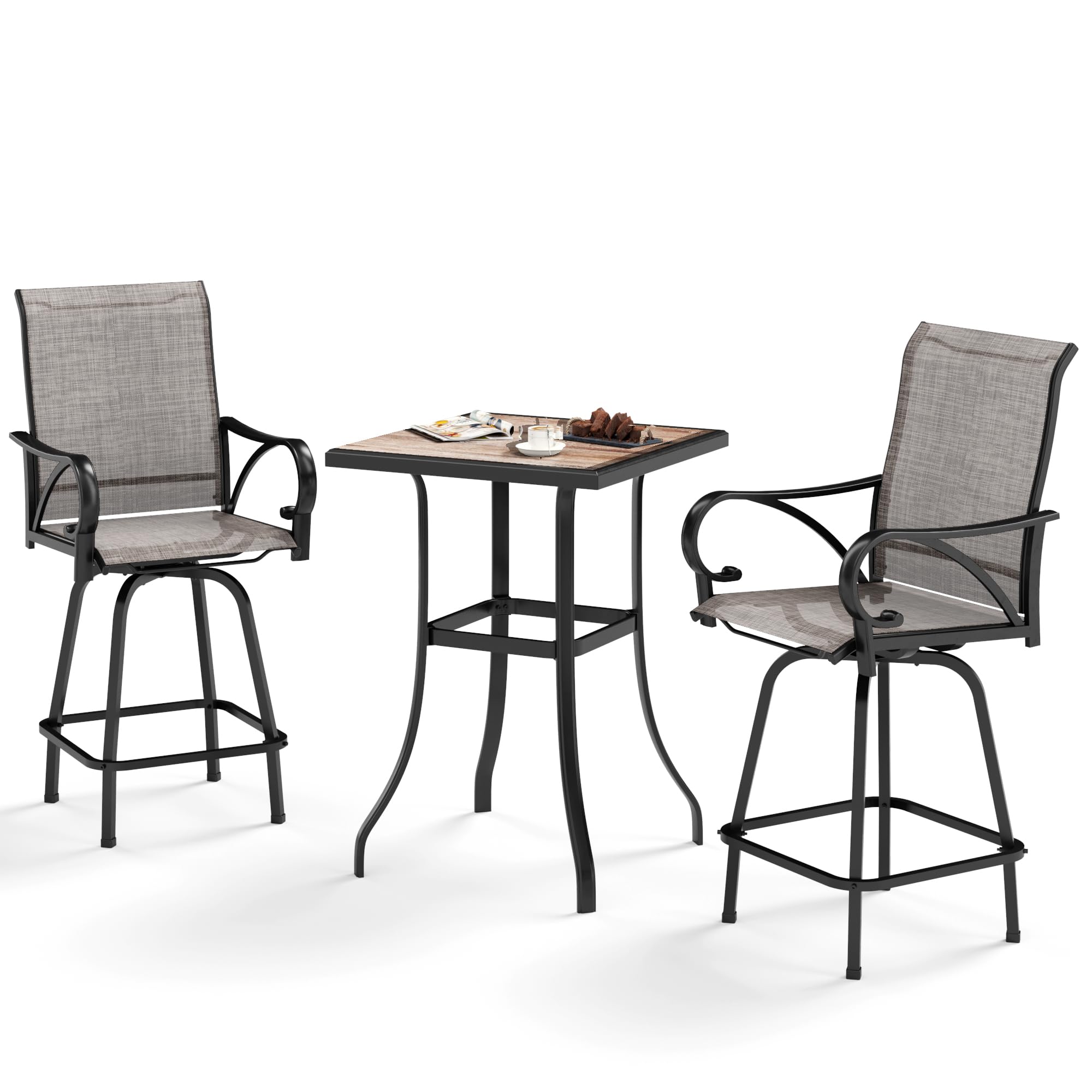 Sophia & William Outdoor Bar Set - 2 Swivel Bar Stools & 1 Square Bar Table (Grey & Wood-Like Finish) - Durable Patio Furniture for Backyard, Deck, Poolside, Garden - Perfect for BBQs, Outdoor Parties, Relaxing & Entertaining - Weather-Resistant Outdoor Dining Set for Home & Commercial Use