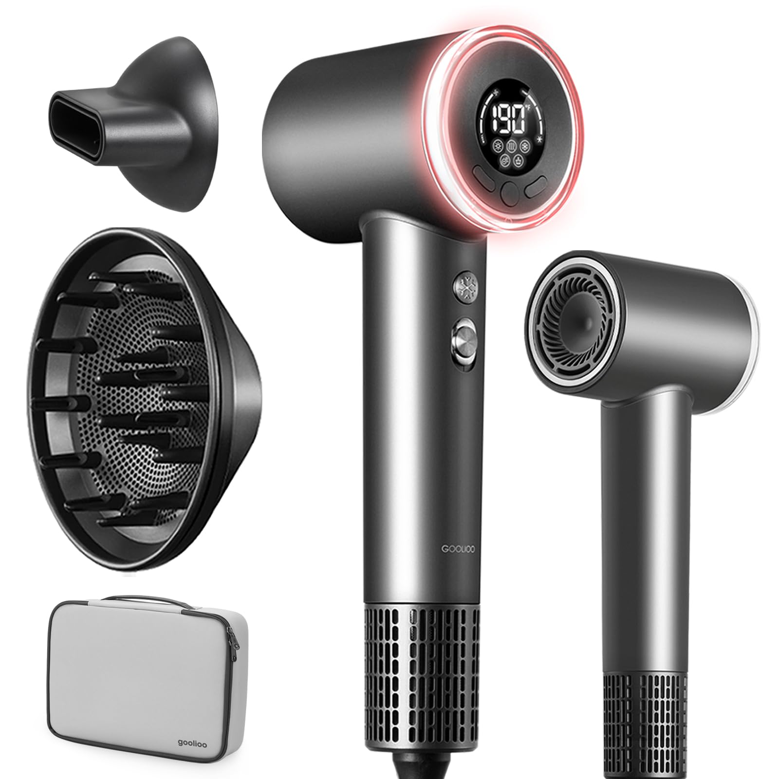Professional Ionic Hair Dryer with Diffuser - 110,000 RPM High-Speed Blow Dryer for Women, 5 Temperature & 3 Speed Settings, HD Digital Display, Travel Case Included (Gray) - Perfect for Home Use, Salon Styling & Travel