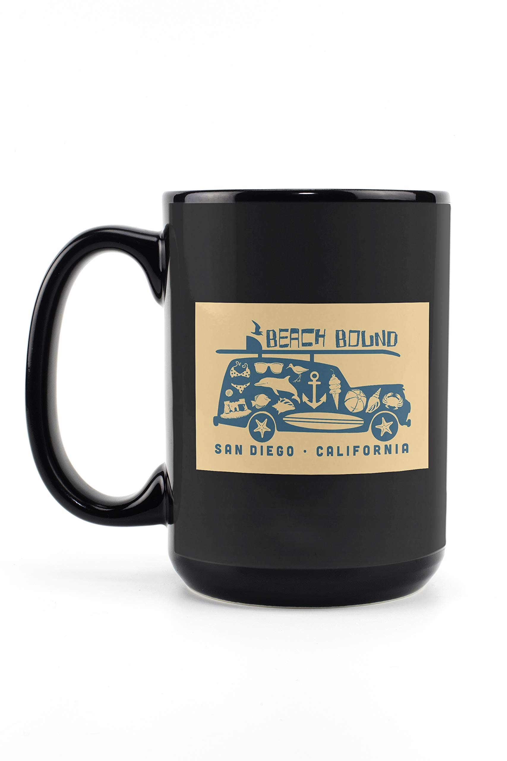 Lantern Press San Diego California Coastal Icons 15oz Black Ceramic Coffee Mug - Microwave & Dishwasher Safe - Perfect for Home, Office & Outdoor Use