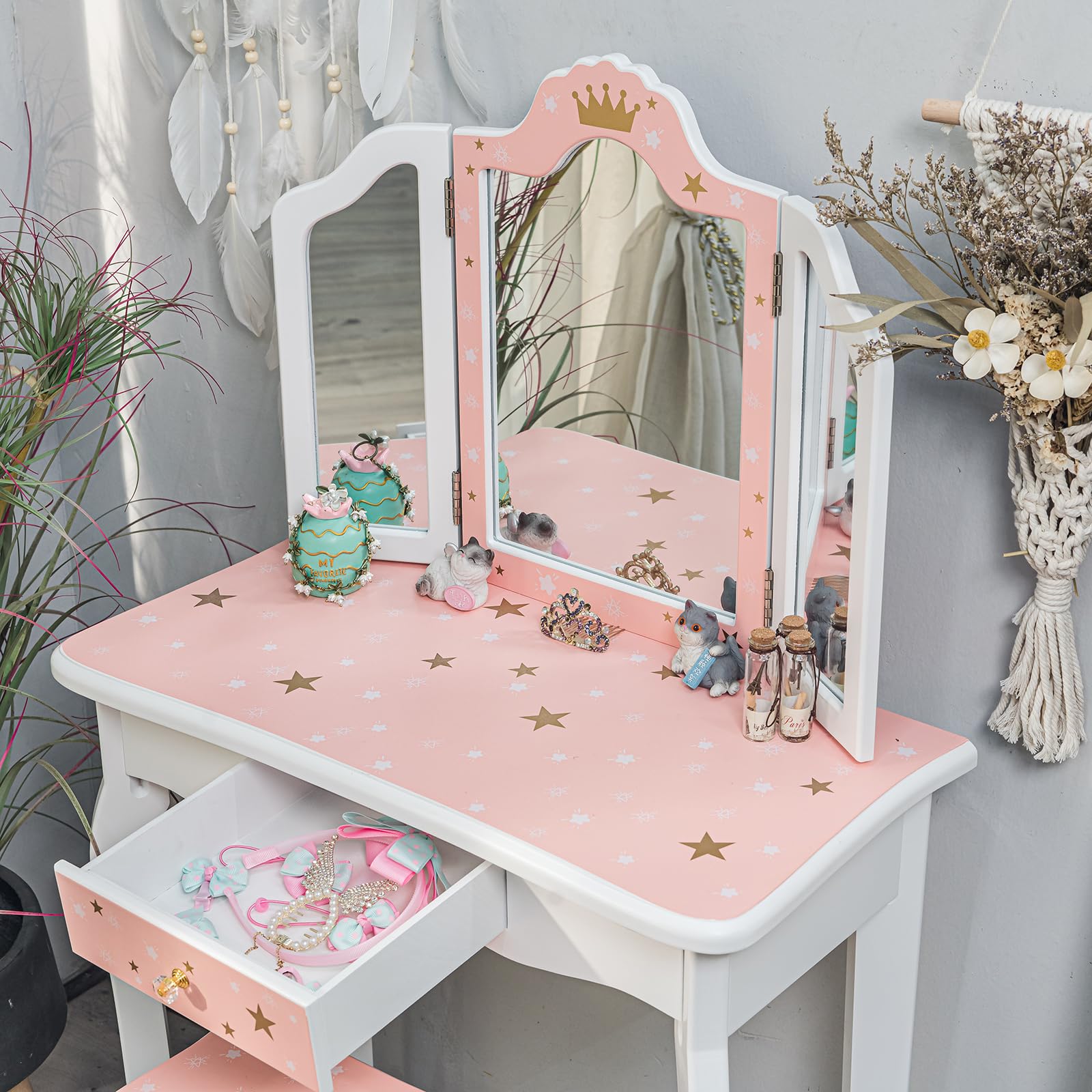 Memoryfield Kids Vanity Set - Wooden Princess Makeup Dressing Table with Mirror, Stool & Drawer | 2-in-1 Toddler Vanity Desk for Girls | Pretend Play, Birthday Gift & Bedroom Decor (Pink/White) - Perfect for Playrooms, Birthday Parties & Imaginative Play