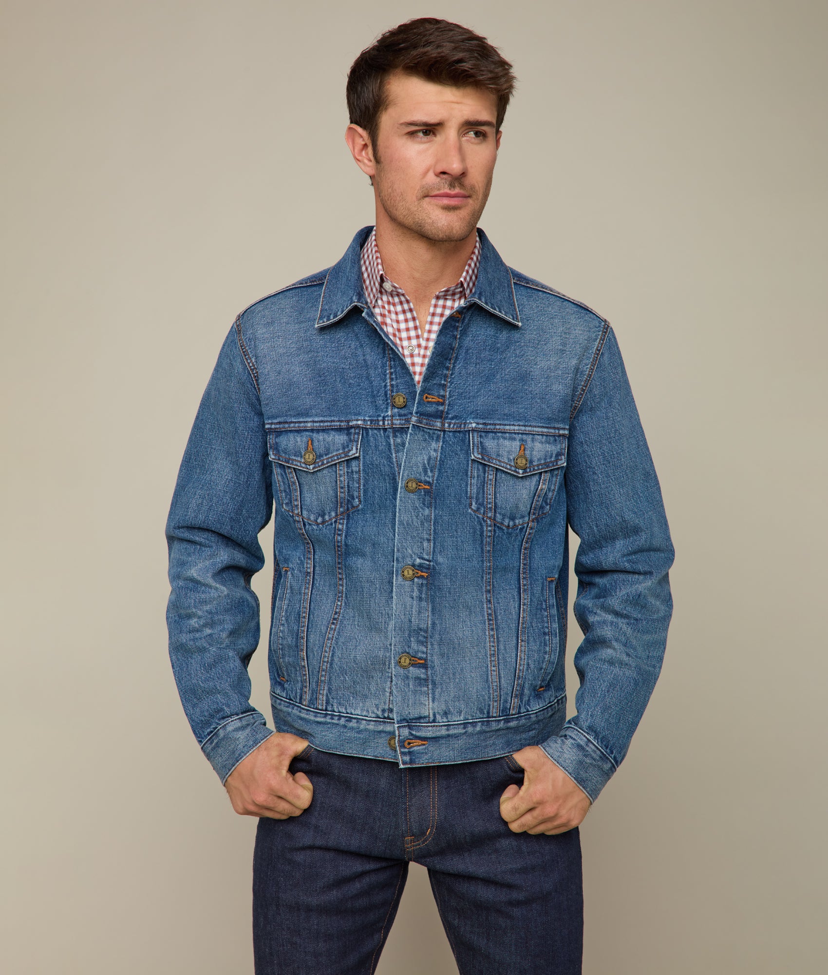 Earl Denim Trucker Jacket for Men - Vintage Saddleback Blue Denim Jacket, Classic Fit, Distressed Wash | Perfect for Casual Outfits, Streetwear, and Layering in Fall & Spring