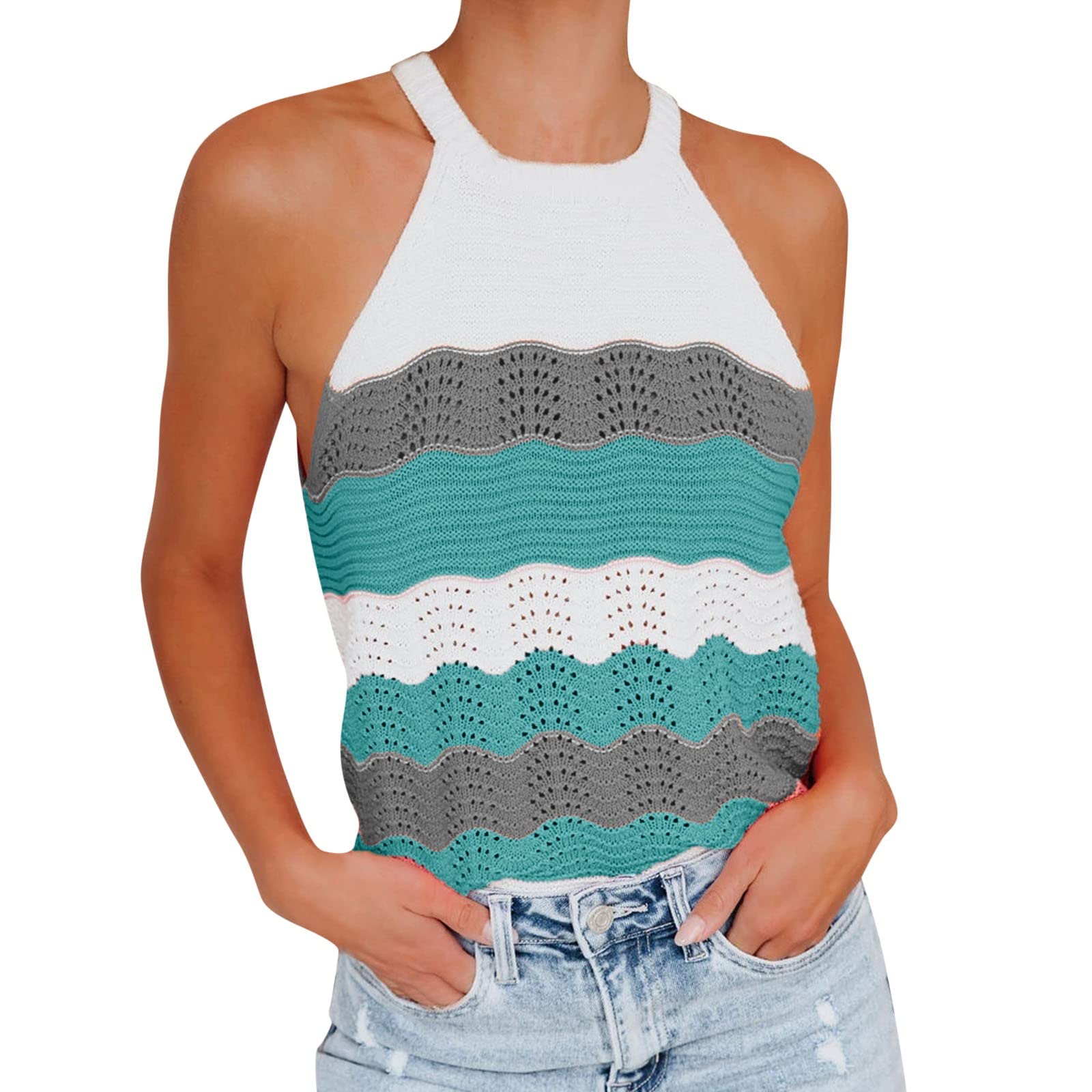 Women's Color Matching Knitted Camisole Top - Soft Cotton Beach Cover Up T-Shirt & Tank for Women - Perfect for Beachwear, Poolside Lounging and Summer Outfits