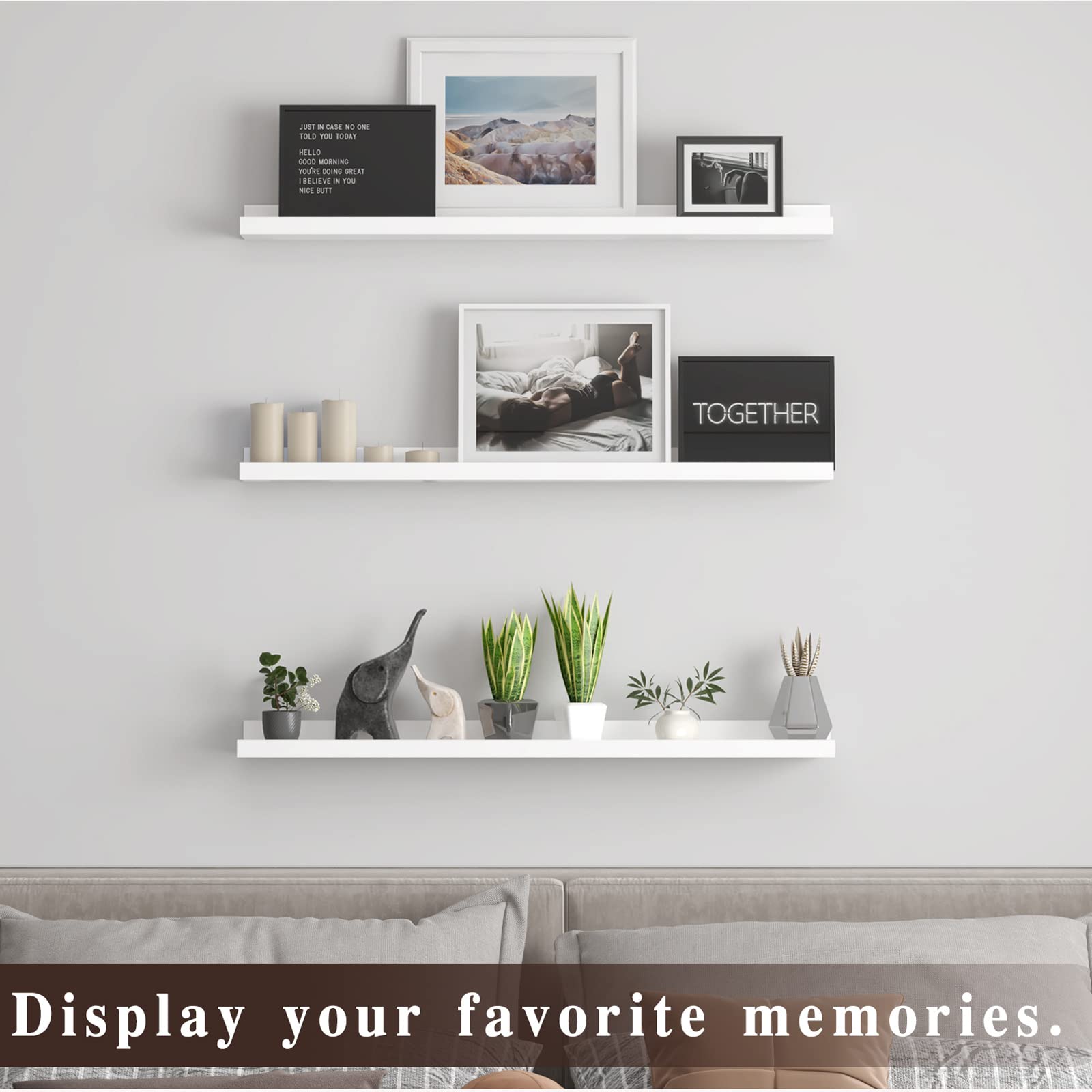 36 Inch Floating Shelves Set of 3 - White Wall Mounted Picture Ledge Shelf for Bedroom, Living Room, Bathroom, Kitchen & Nursery - Perfect for Displaying Photos, Books, Plants and Home Decor
