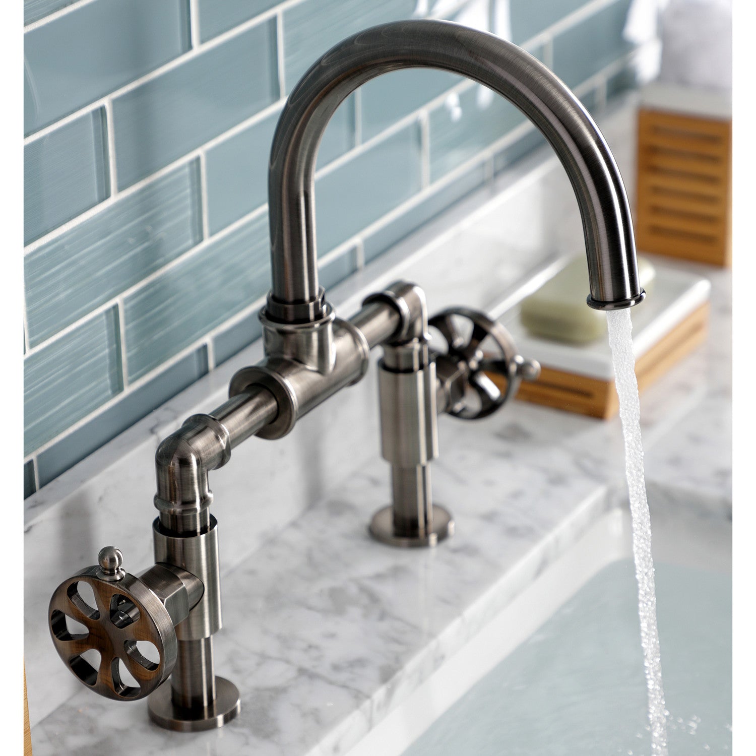 Belknap KS217RXVN 2-Handle Deck Mount Bathroom Sink Faucet with Push Pop-Up Drain - Black Stainless Steel - Perfect for Modern Bathrooms & Powder Rooms