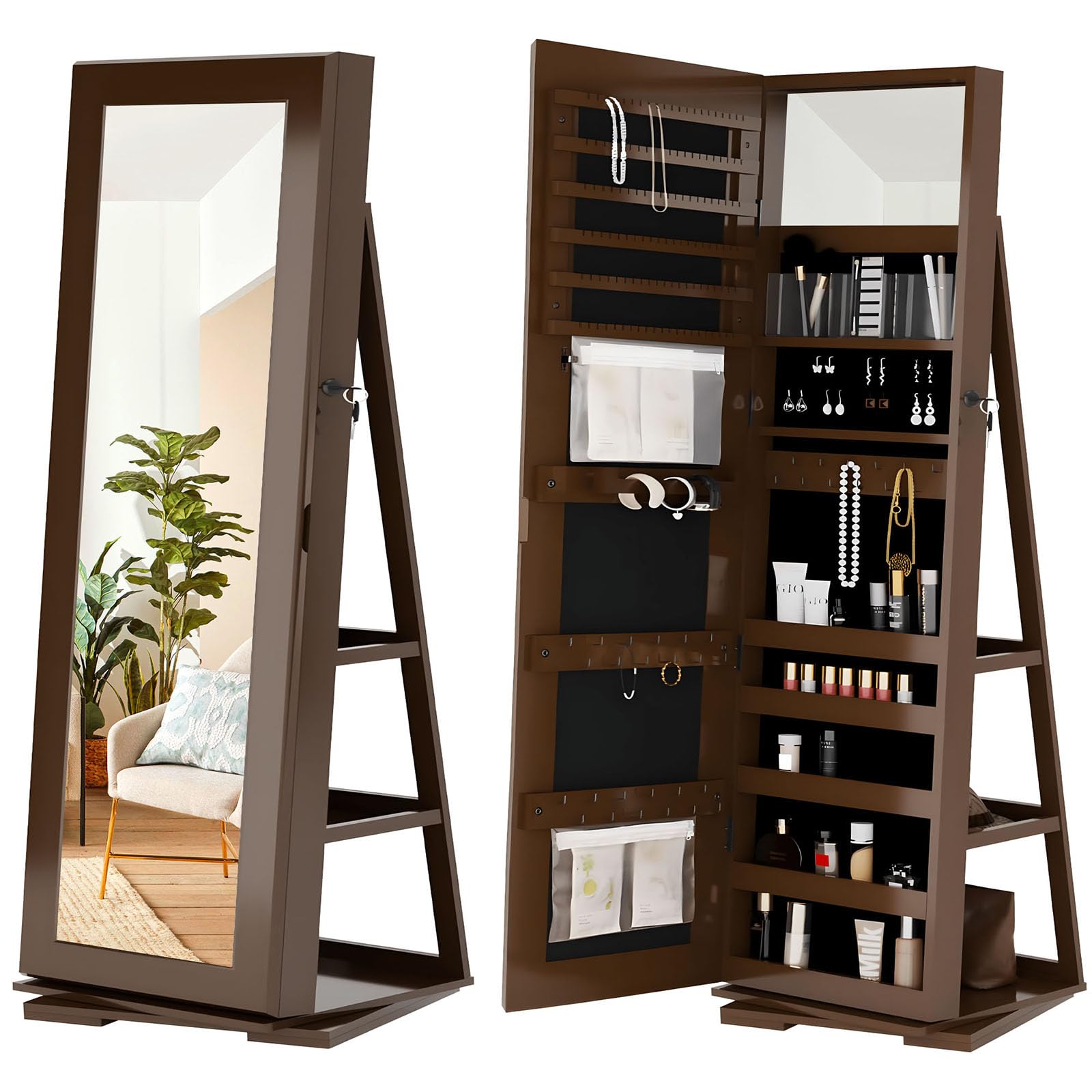 SOGES 360° Swivel Jewelry Mirror Cabinet with Back Storage Shelves - Full Length Rotating Mirror with Lockable Jewelry Organizer & Armoire - Brown | Perfect for Bedroom, Dressing Room & Closet Organization