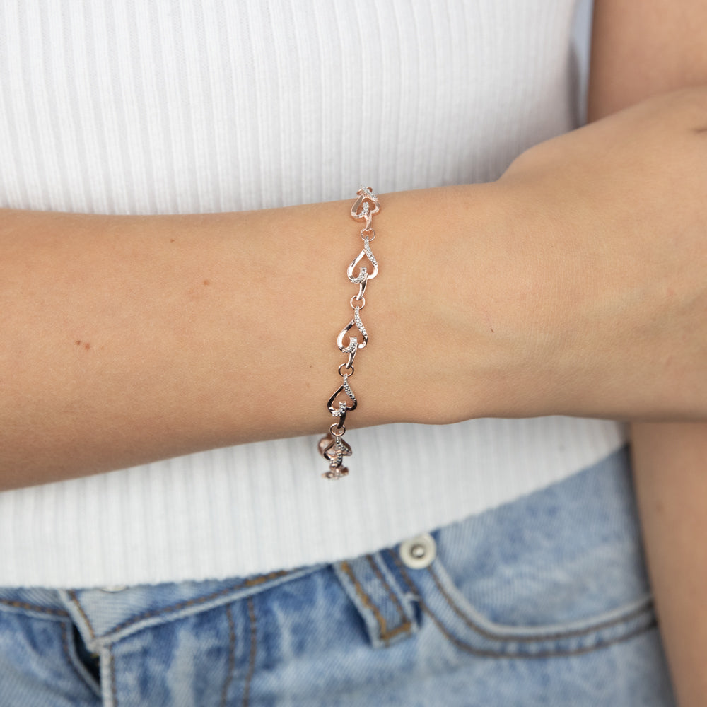 7 Diamonds Heart Bracelet in Rose Gold Plated Sterling Silver - Romantic Gift for Valentine's Day, Anniversary & Special Occasions