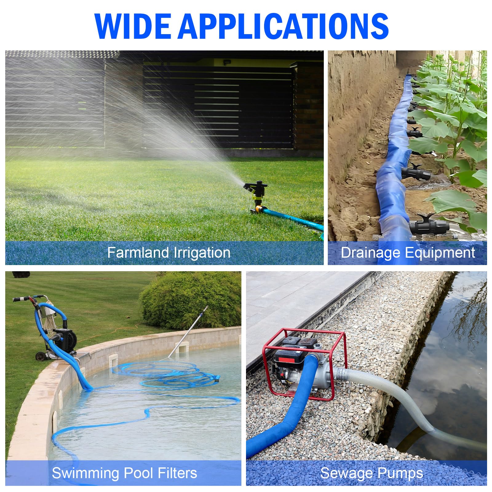 2 Inch x 25 Feet Blue Pool Backwash Hose with Stainless Steel Clamps - Durable Swimming Pool Cleaning Pipe for Water Transfer, Garden Irrigation & Maintenance
