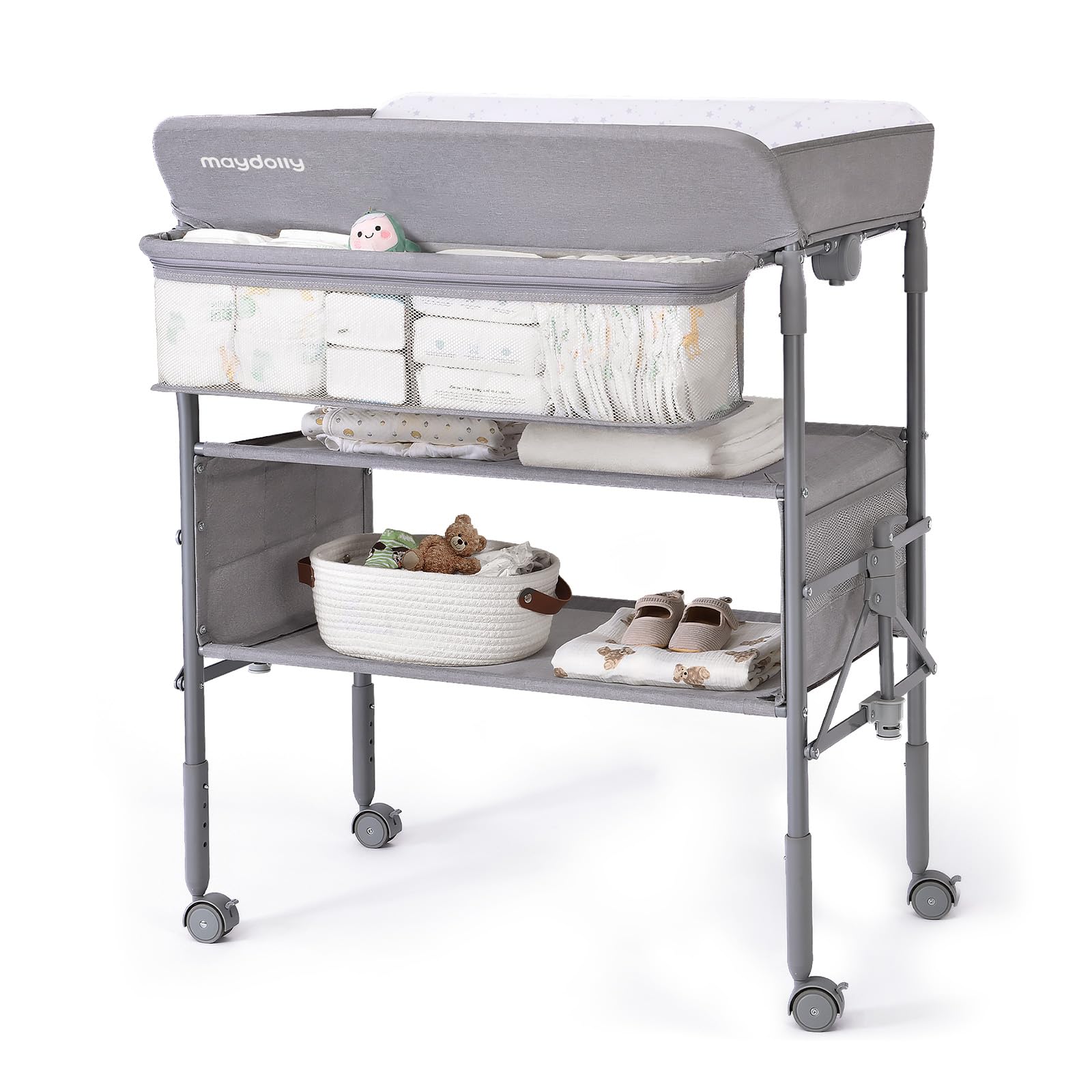 Maydolly Portable Baby Changing Table with Wheels - Adjustable Height, Waterproof Diaper Changing Station & Nursery Organizer - Foldable Design for Newborns & Infants (Grey) - Perfect for Nursery, Bedroom, and Travel Use
