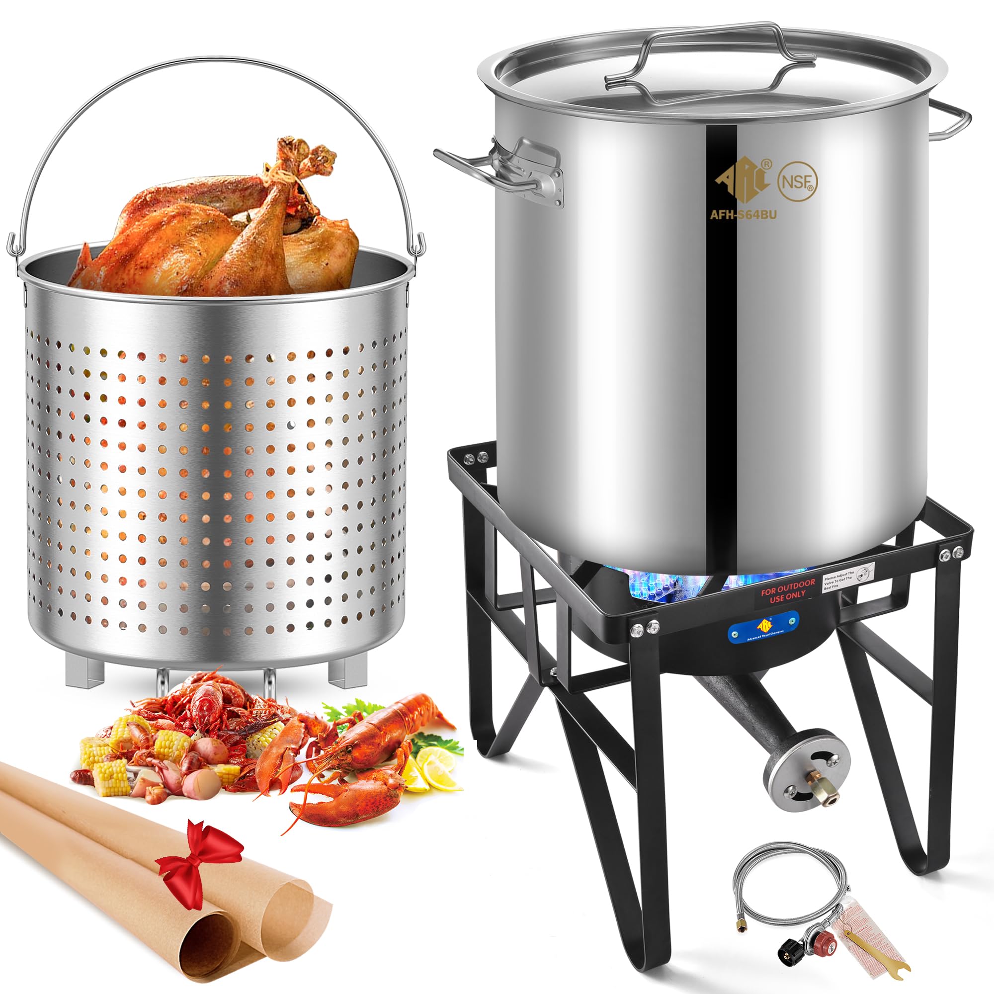 ARC 64QT Stainless Steel Seafood Boil Pot with 200,000BTU Single Burner Propane Stove - Heavy Duty Outdoor Cooking Set for Turkey Frying, Crawfish Boiling, Homebrewing, Camping & Backyard Parties