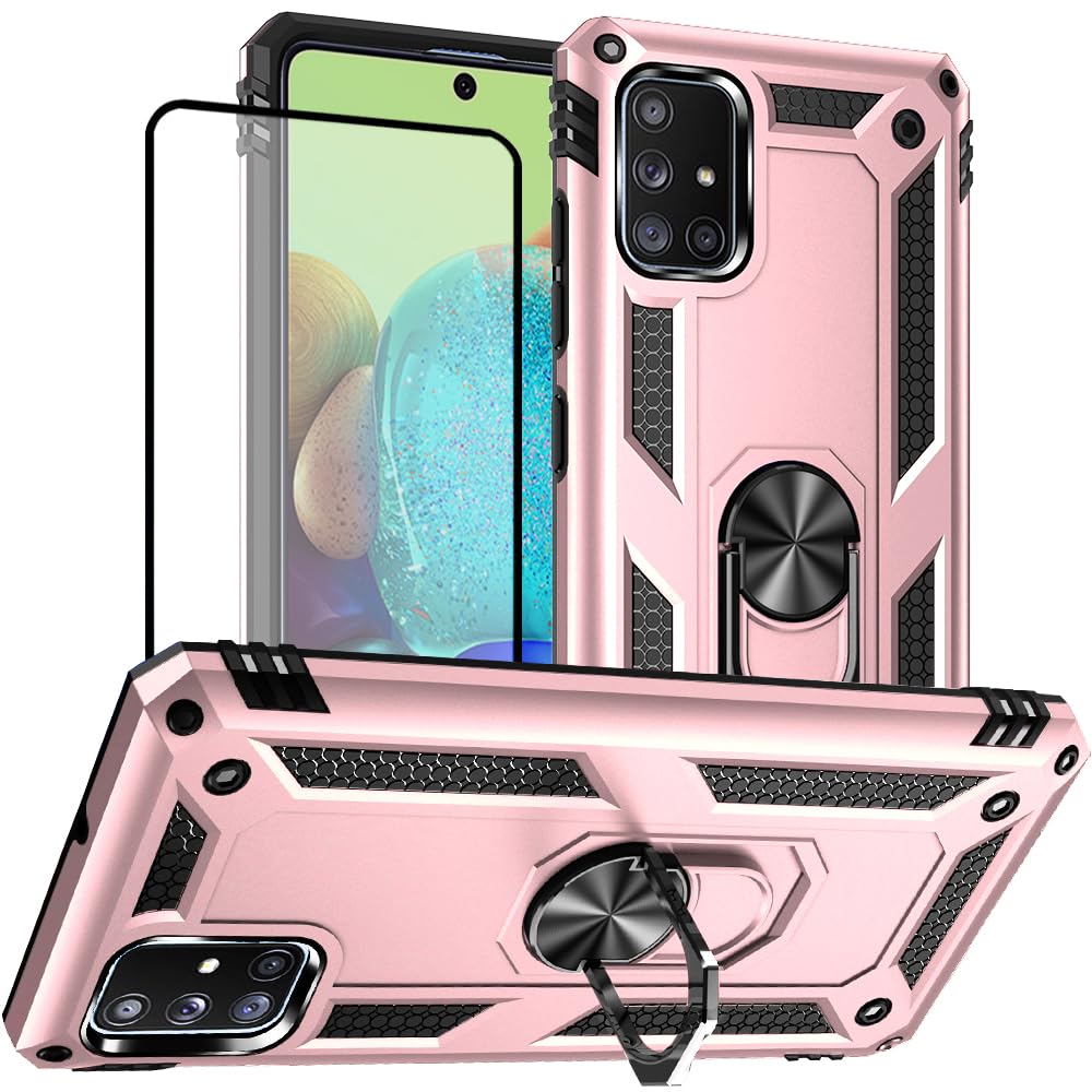 Samsung Galaxy A71 5G Case with Screen Protector - Military Grade Shockproof Phone Cover with Ring Stand, Rose Gold | Perfect for Outdoor Activities, Travel & Daily Protection