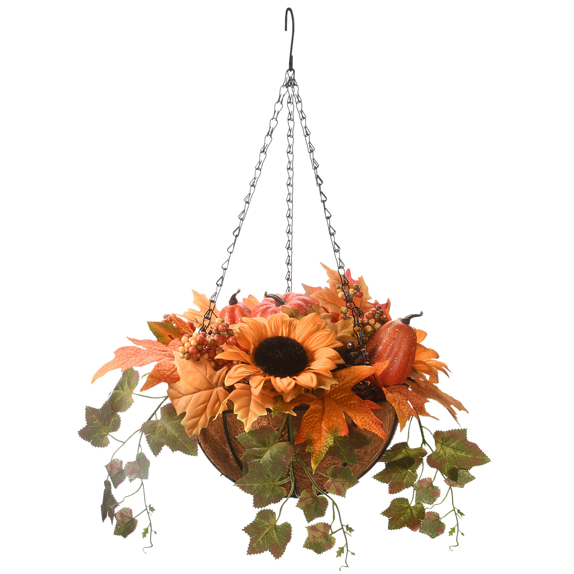 18 Inch Fall Hanging Basket with Ivy Leaves, Sunflowers, Pine Cones, Berries, Gourds & Pumpkin - Autumn Porch Decor, Thanksgiving Home Decoration, Seasonal Outdoor Hanging Planter
