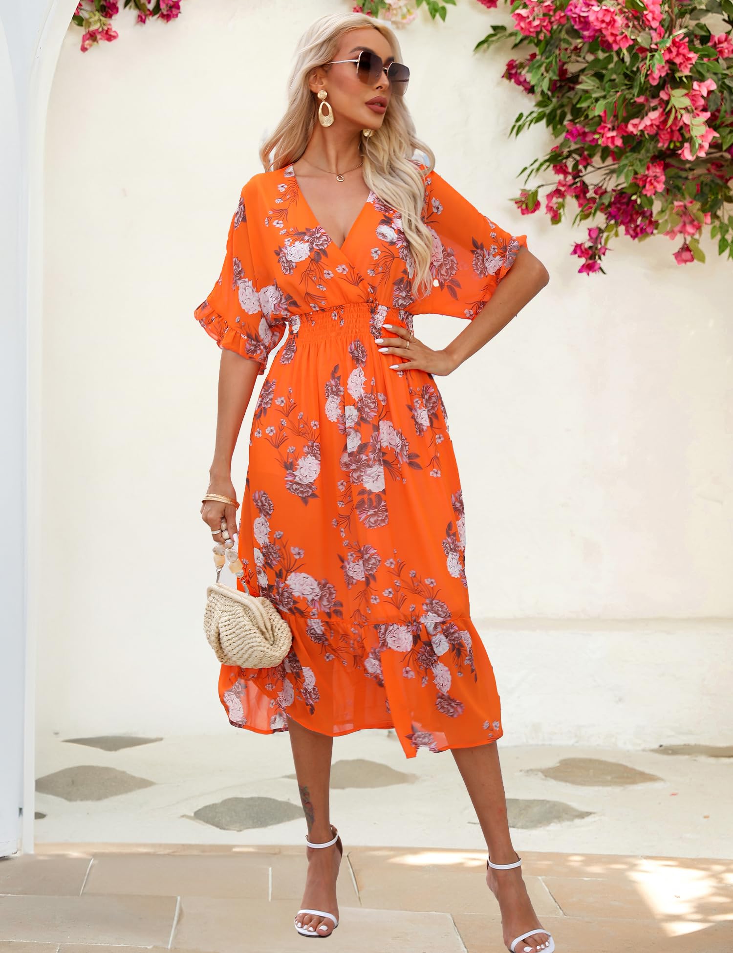 Floral Midi Dress for Women 2025 | A-Line Chiffon Boho Summer Dress with Short Sleeves | Perfect for Beach Vacations, Casual Outings & Summer Parties