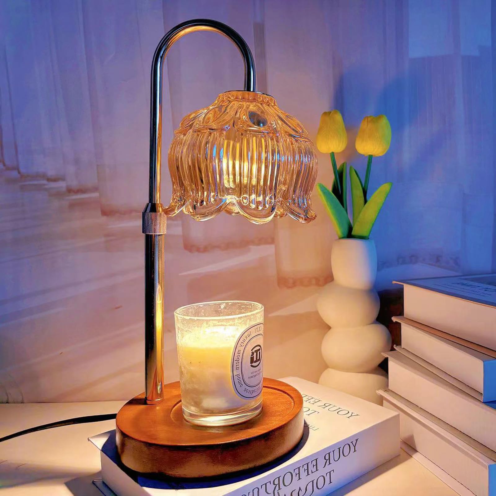 Dimmable Flower Candle Warmer Lamp with Timer - Adjustable Height Flameless Wax Warmer for Jar Candles - Home Decor Electric Heating Lamp with Gift Packaging & 2 Bulbs - Perfect for Aromatherapy, Relaxation, and Cozy Home Ambiance