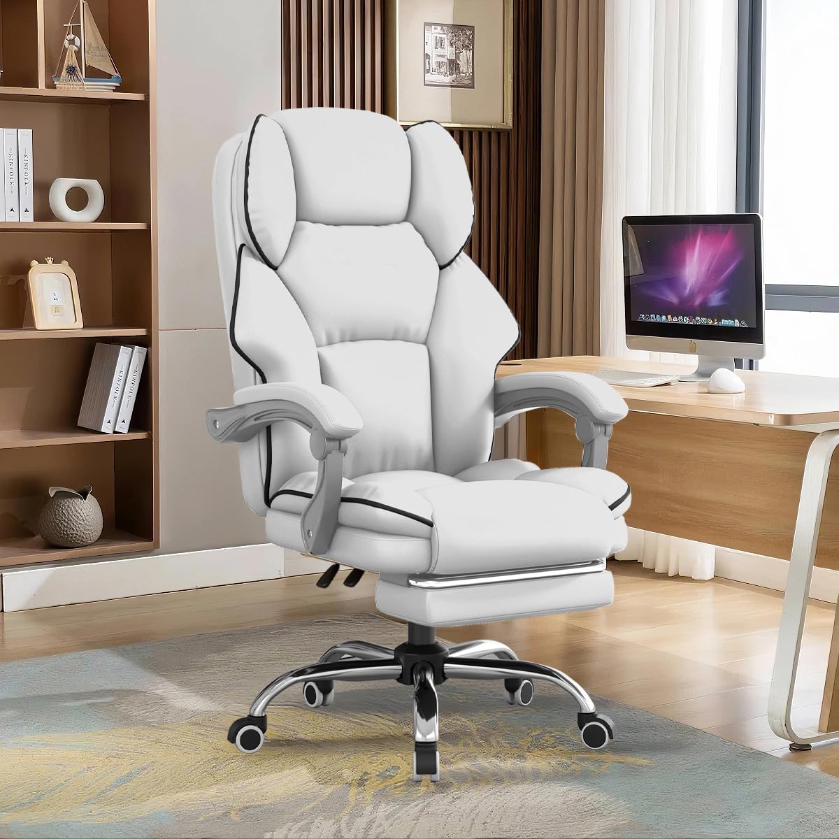 Ergonomic High Back Office Chair with Foot Rest & Wheels - Reclining Executive Desk Chair for Gaming, Work & Home Office - Comfortable Leather Computer Chair for Long Hours Sitting