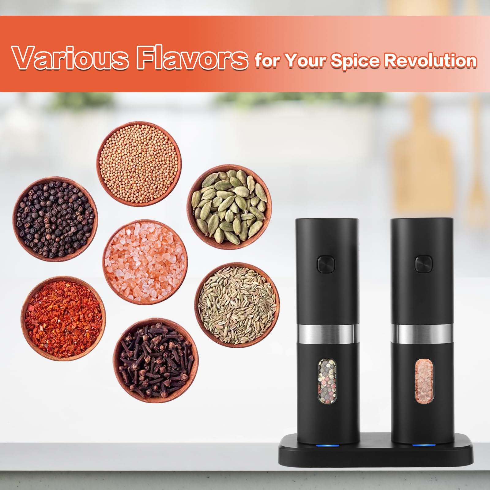 Rechargeable Electric Salt and Pepper Grinder Set - Battery-Free Automatic Mill with Charging Base, Adjustable Coarseness & Blue LED Light - 2 Pack for Kitchen, Dining Table, BBQ, Camping, and Gifting