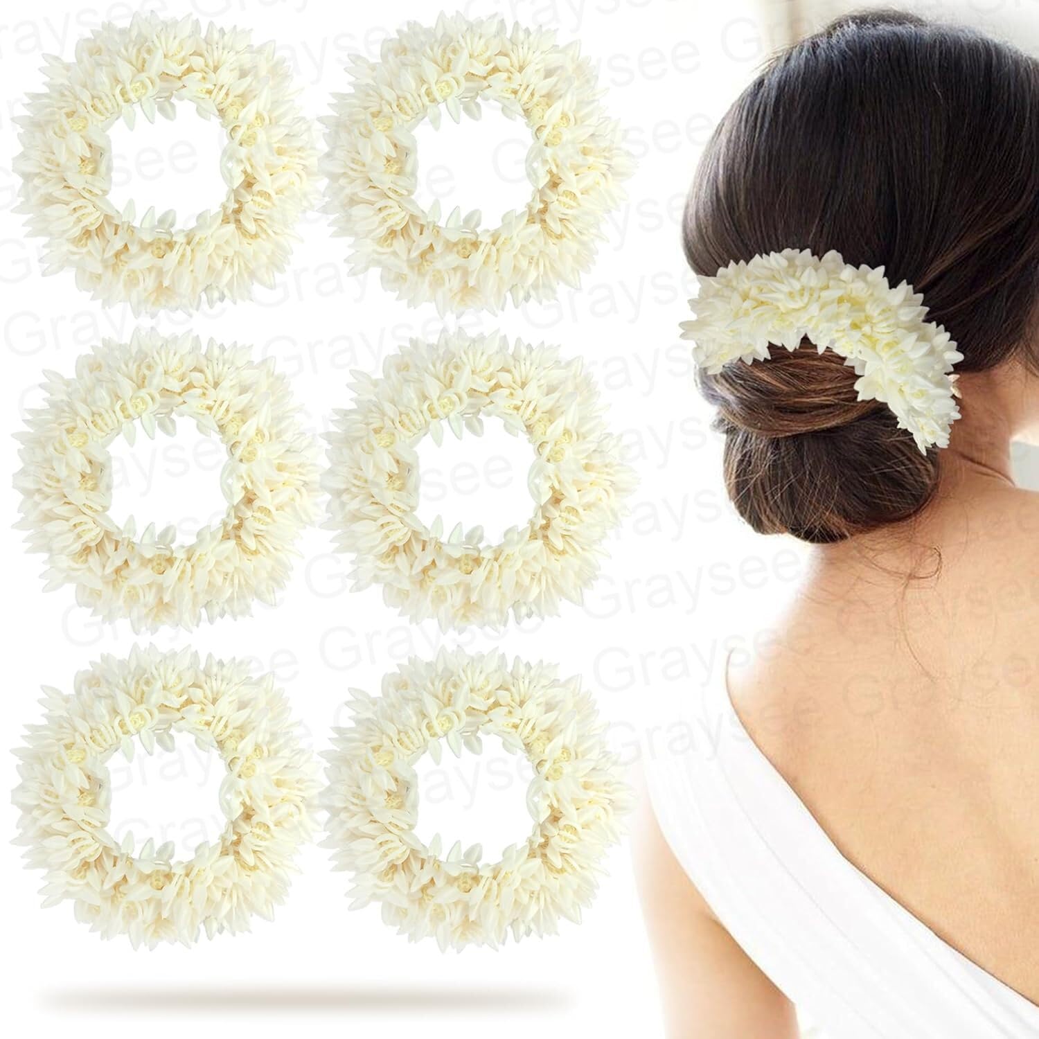Graysee Scented Mogra Gajra Hair Accessories for Women & Girls - Artificial Hair Flower Bun, Fake Gajra Scrunchies, Rubber Band Hair Braiders (Pack of 2) - Perfect for Weddings, Parties & Traditional Outfits
