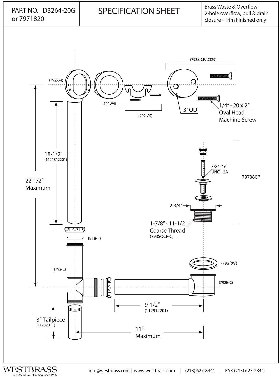 Westbrass D3264-20G-12 22.5 Inch 20 Gauge Oil Rubbed Bronze Bath Waste & Overflow Drain Kit with Pull & Close Drain Plug and 2-Hole Faceplate - Perfect for Bathtub Drain Replacement and Bathroom Renovation
