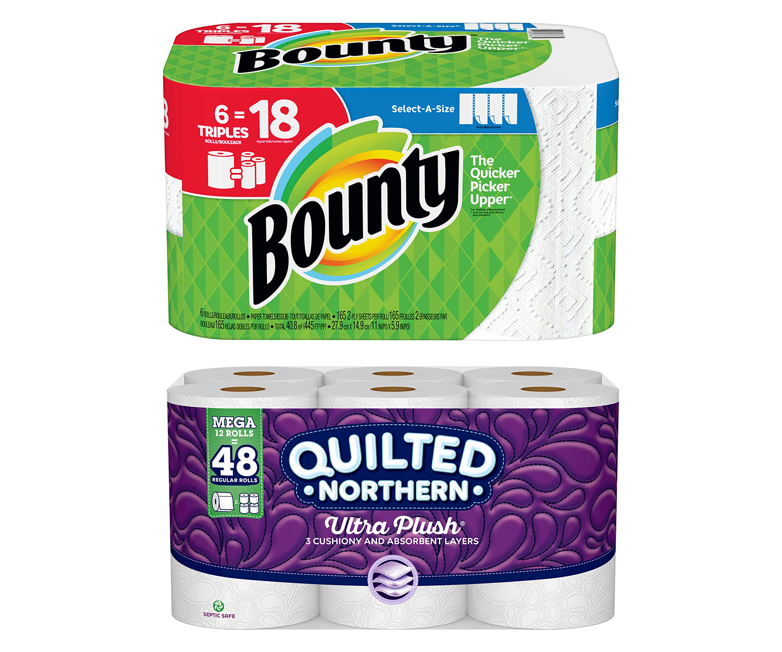 Bounty Select-A-Size Paper Towels, White, 6 Triple Rolls (18 Regular Rolls) & Quilted Northern Ultra Plush Toilet Paper, 12 Mega Rolls - Premium Household Essentials for Kitchen Cleaning and Bathroom Comfort
