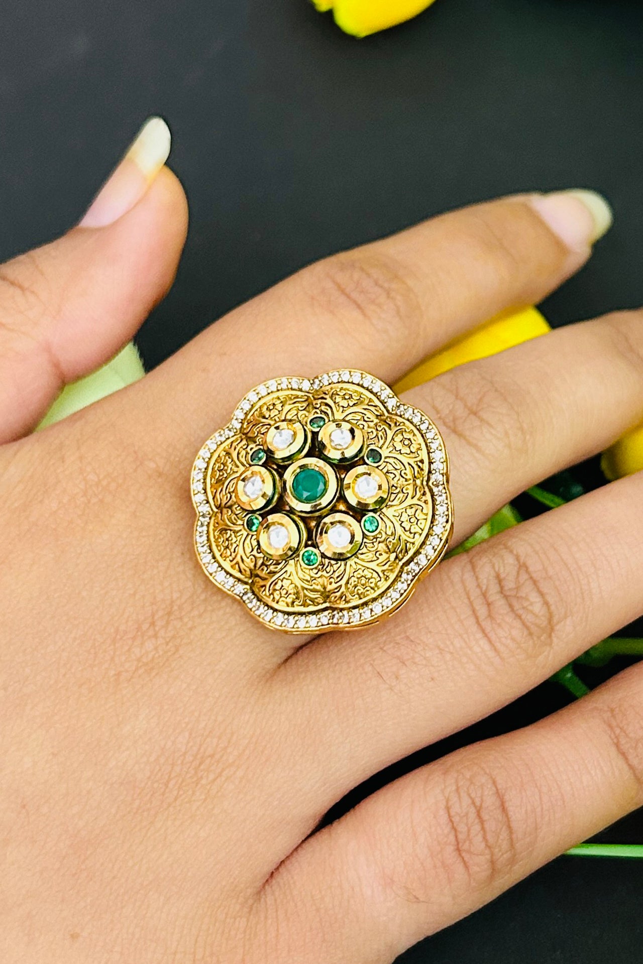 Exquisite Gold Plated Royal Kundan Beaded Ring (D238) - Perfect for Weddings, Parties & Special Occasions